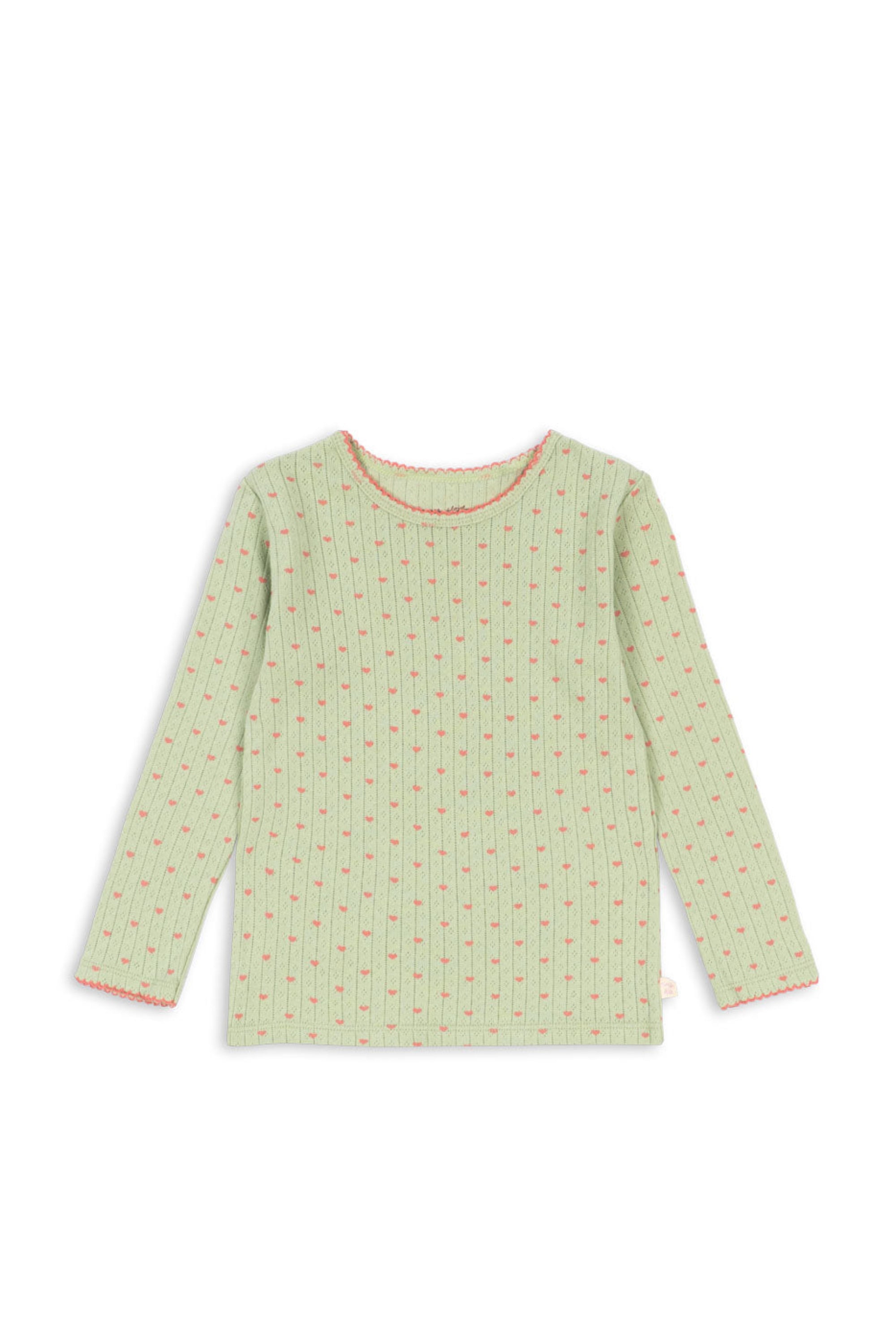 A light green long-sleeve top with a small pink floral pattern and pink trim on the collar and cuffs, displayed flat against a white background.