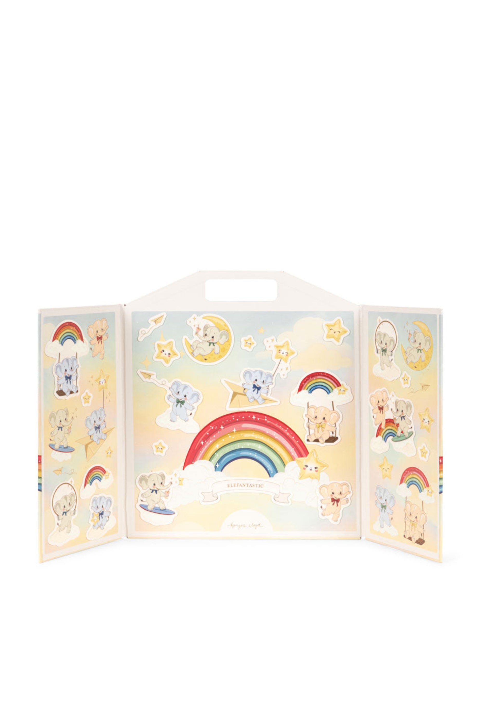 A pastel-colored folding activity book or play mat with cute cartoon cat illustrations, rainbows, stars, and a handle cutout at the top, shown open against a white background.