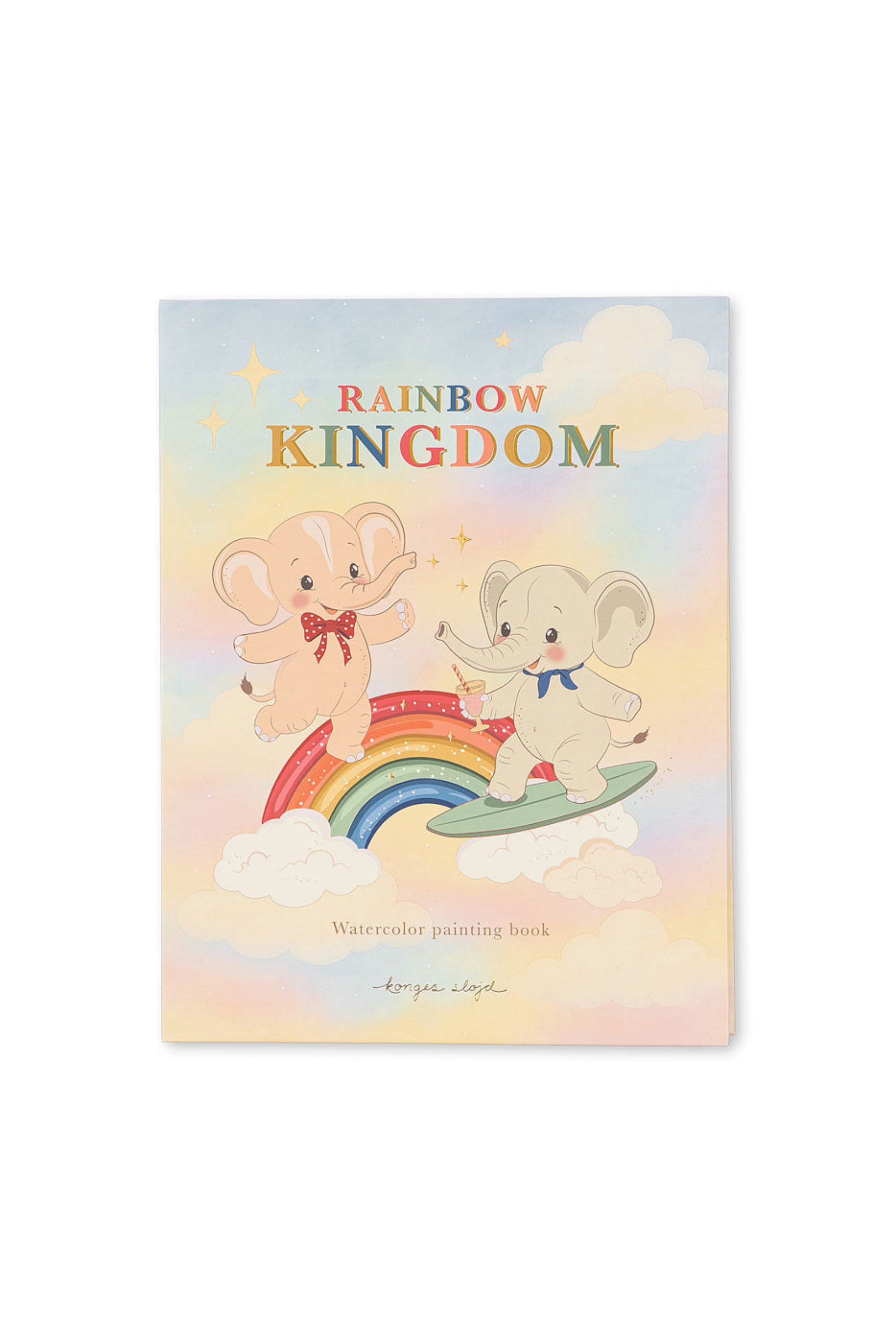 Book cover of 'Rainbow Kingdom' with cartoon elephants on a rainbow, on a white background.
