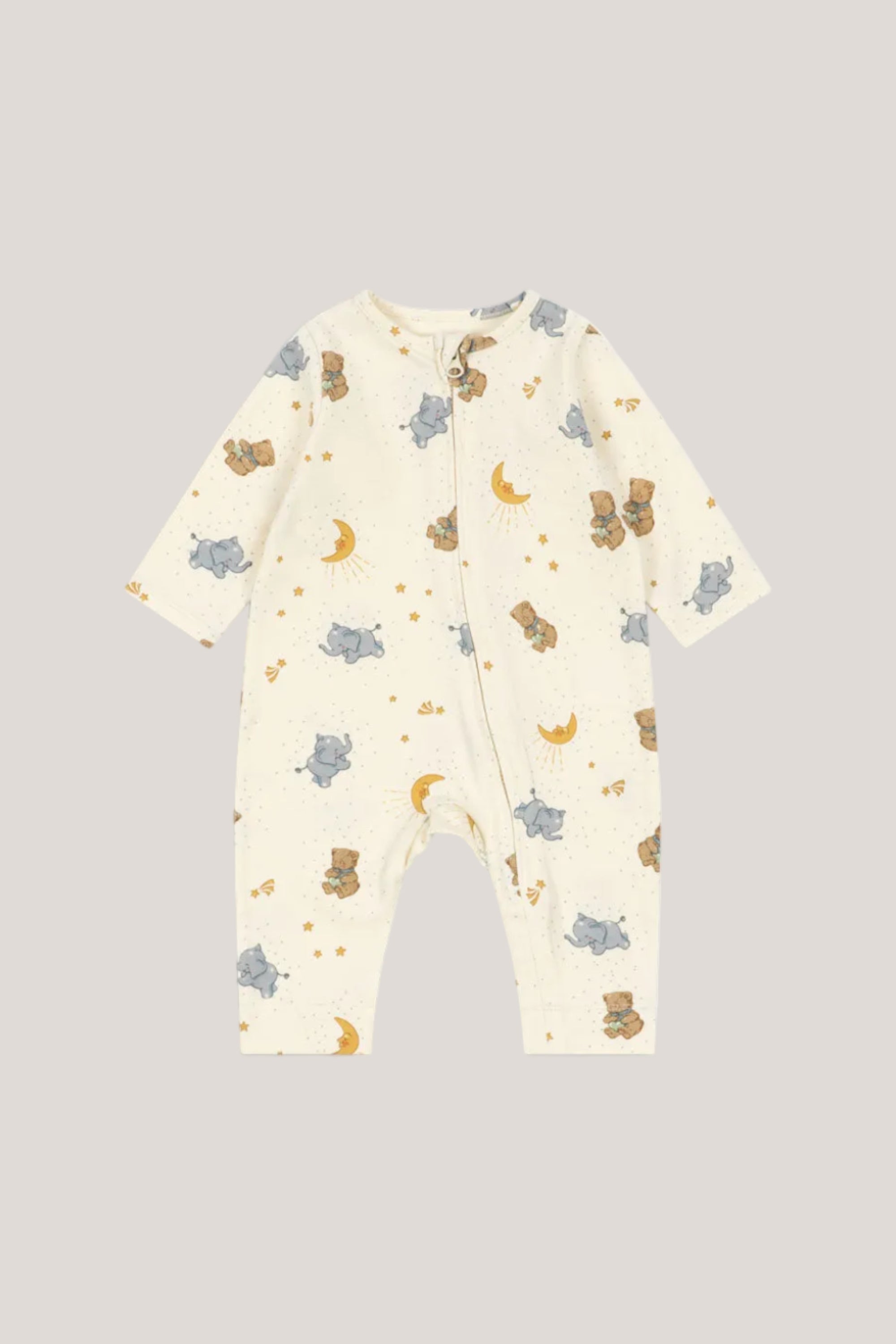 Baby onesie with animal print on a white background