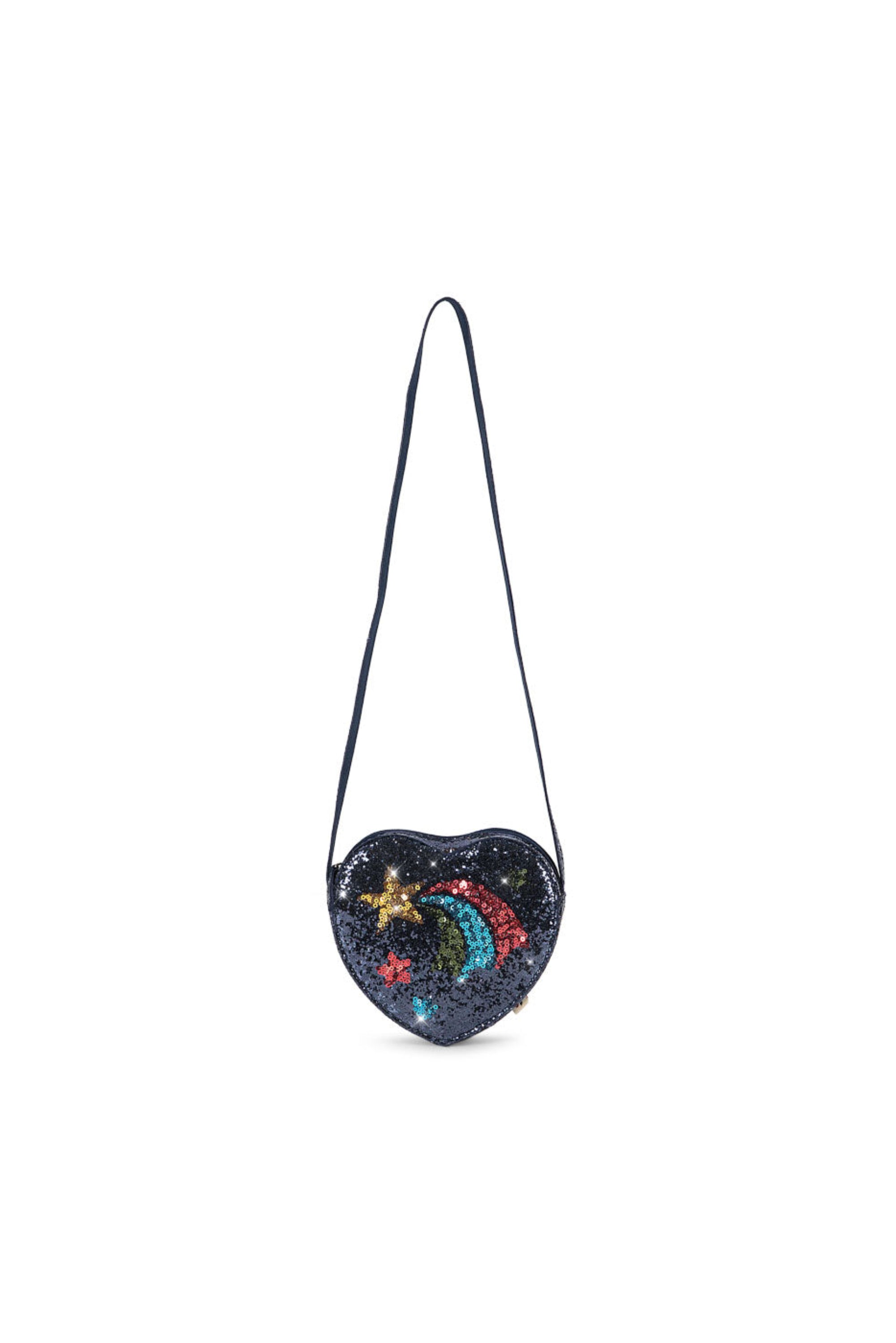 Heart-shaped bag with sequins on a white background