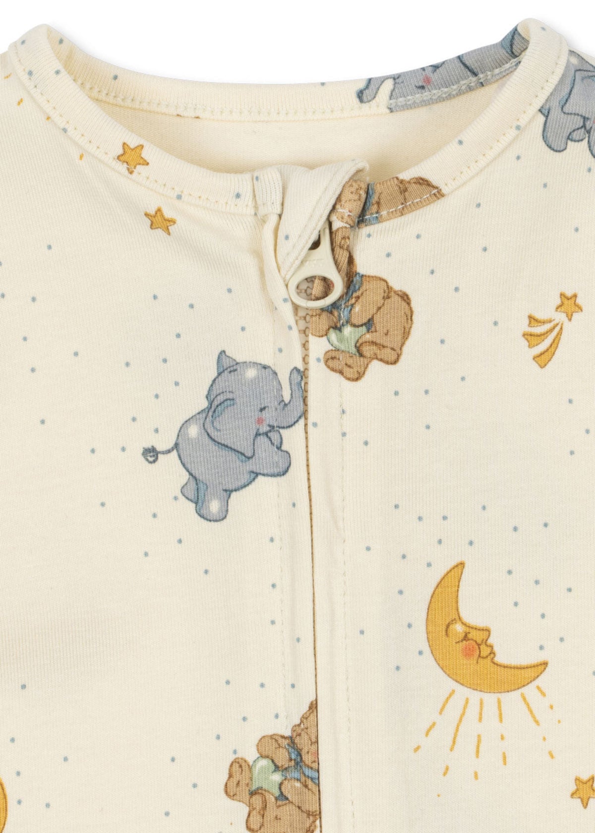Baby onesie with teddy bear, elephant, and moon designs on a white background