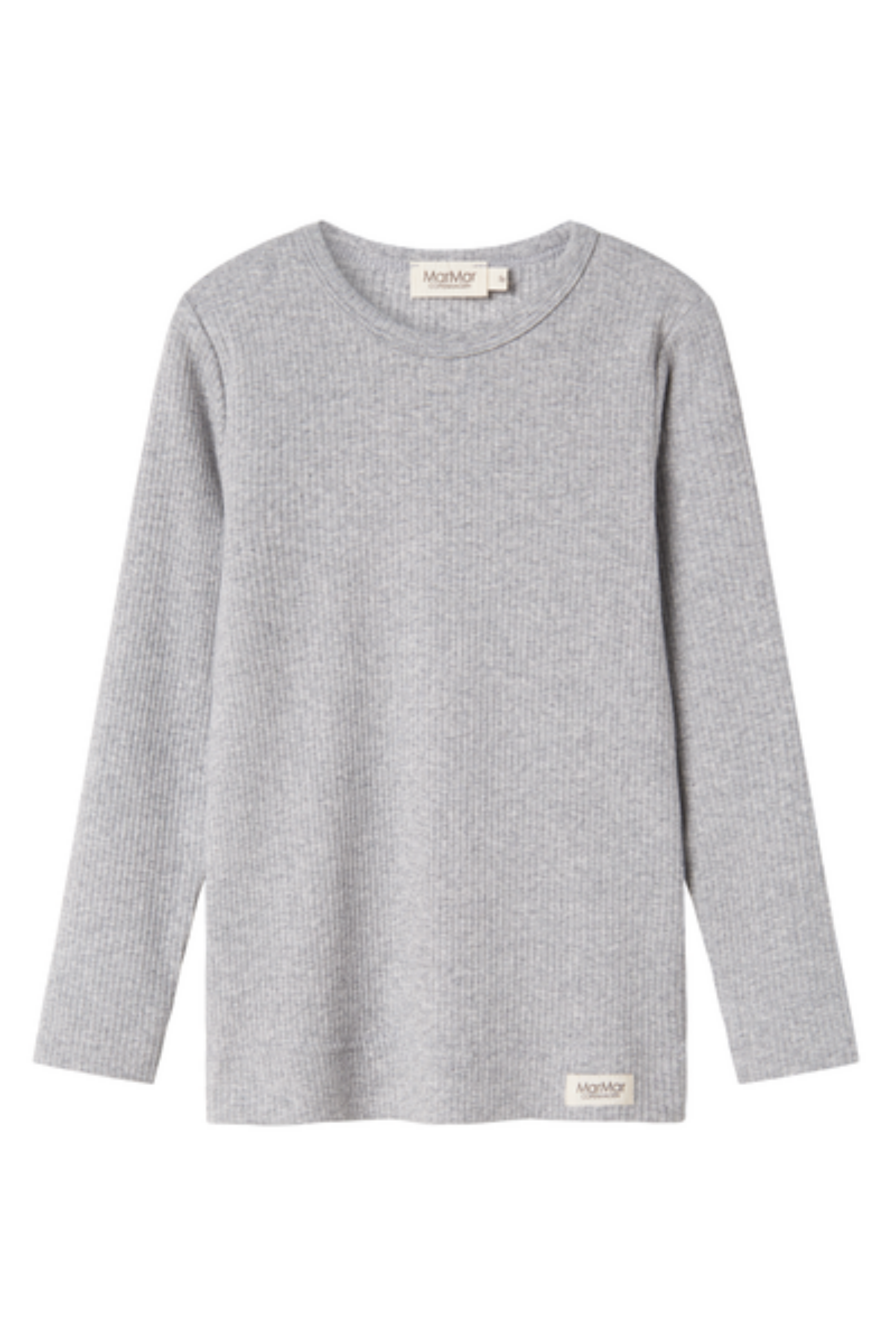 A light gray ribbed knit long-sleeve top with a crew neck, shown flat against a plain white background. The brand name 'MOSBY' is visible on the inner neck label and a small hem tag.