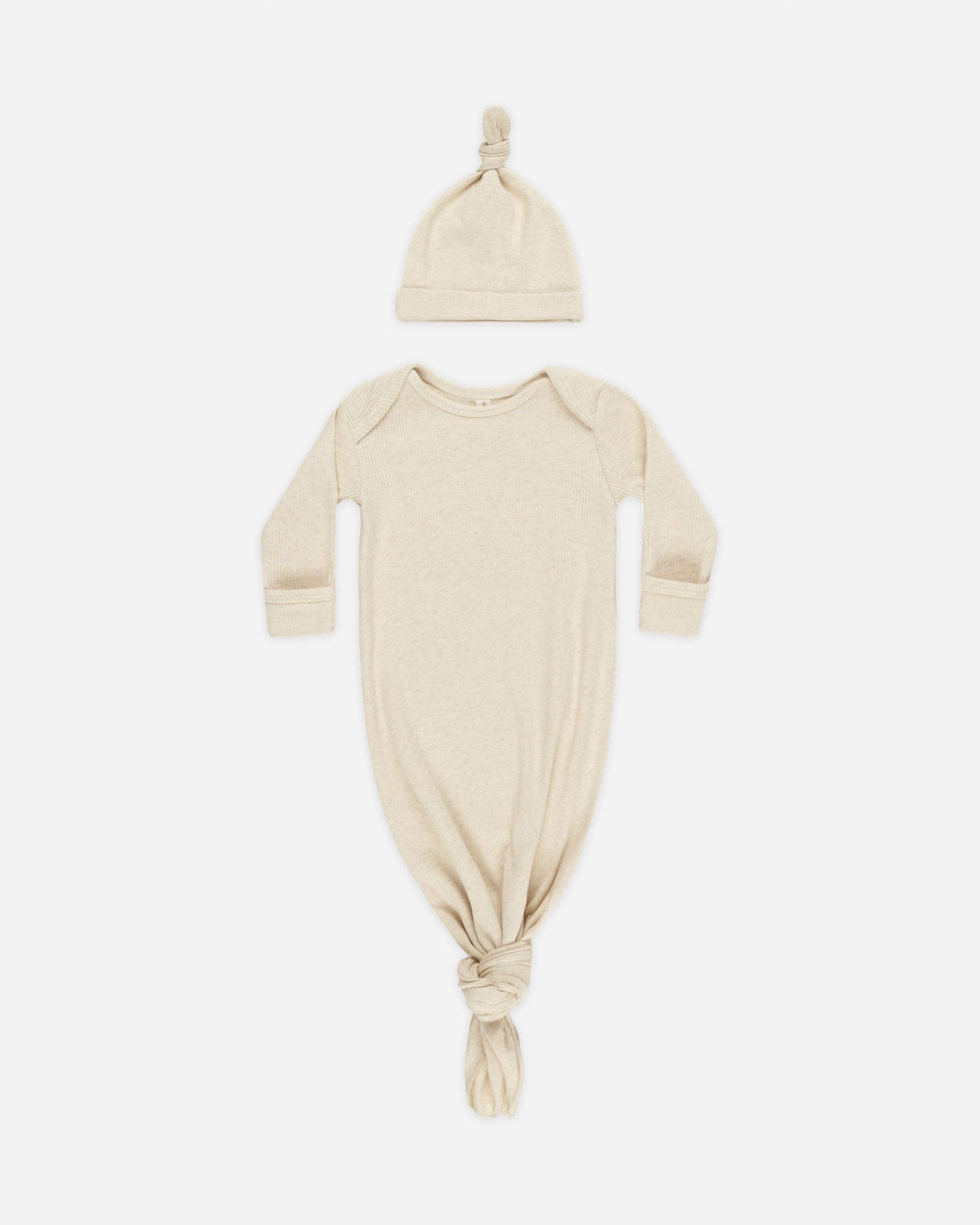Knotted Baby Gown + Hat - Oatmeal