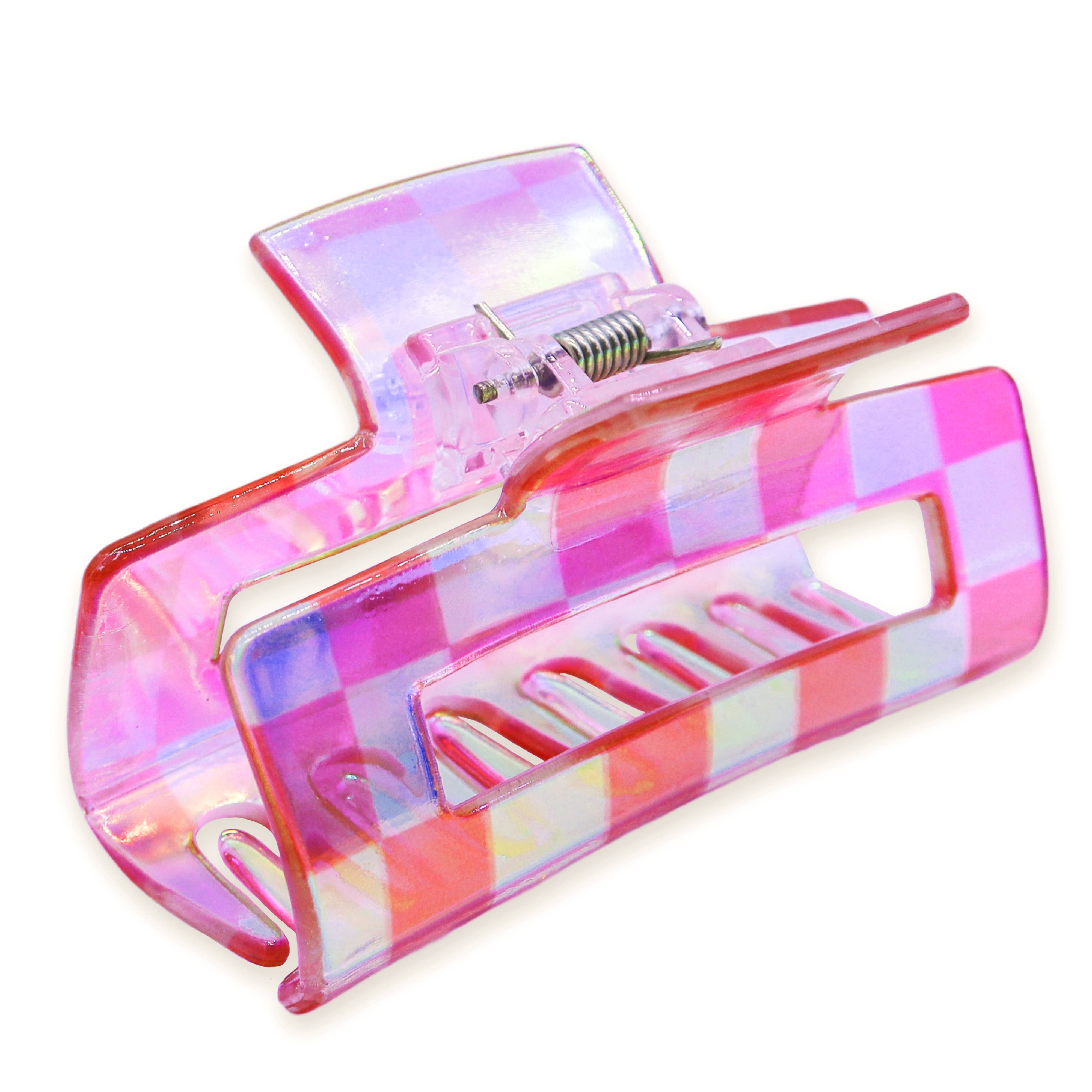 Medium Square Iridescent Checkered Hair Claw Clip - Multiple Colors