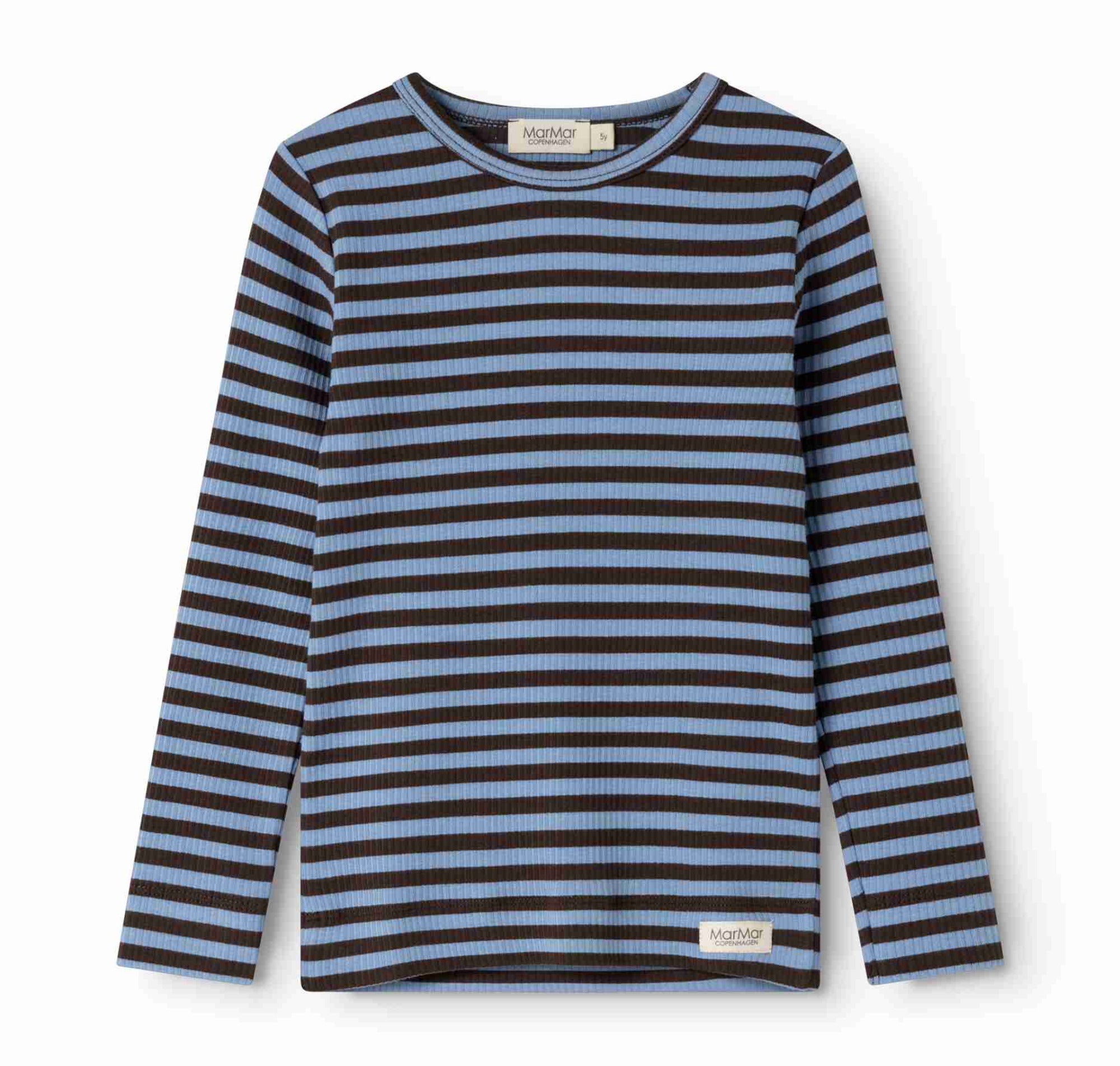 A long-sleeve ribbed knit top with horizontal stripes in black and light blue, featuring a crew neck and a small brand label near the bottom hem.