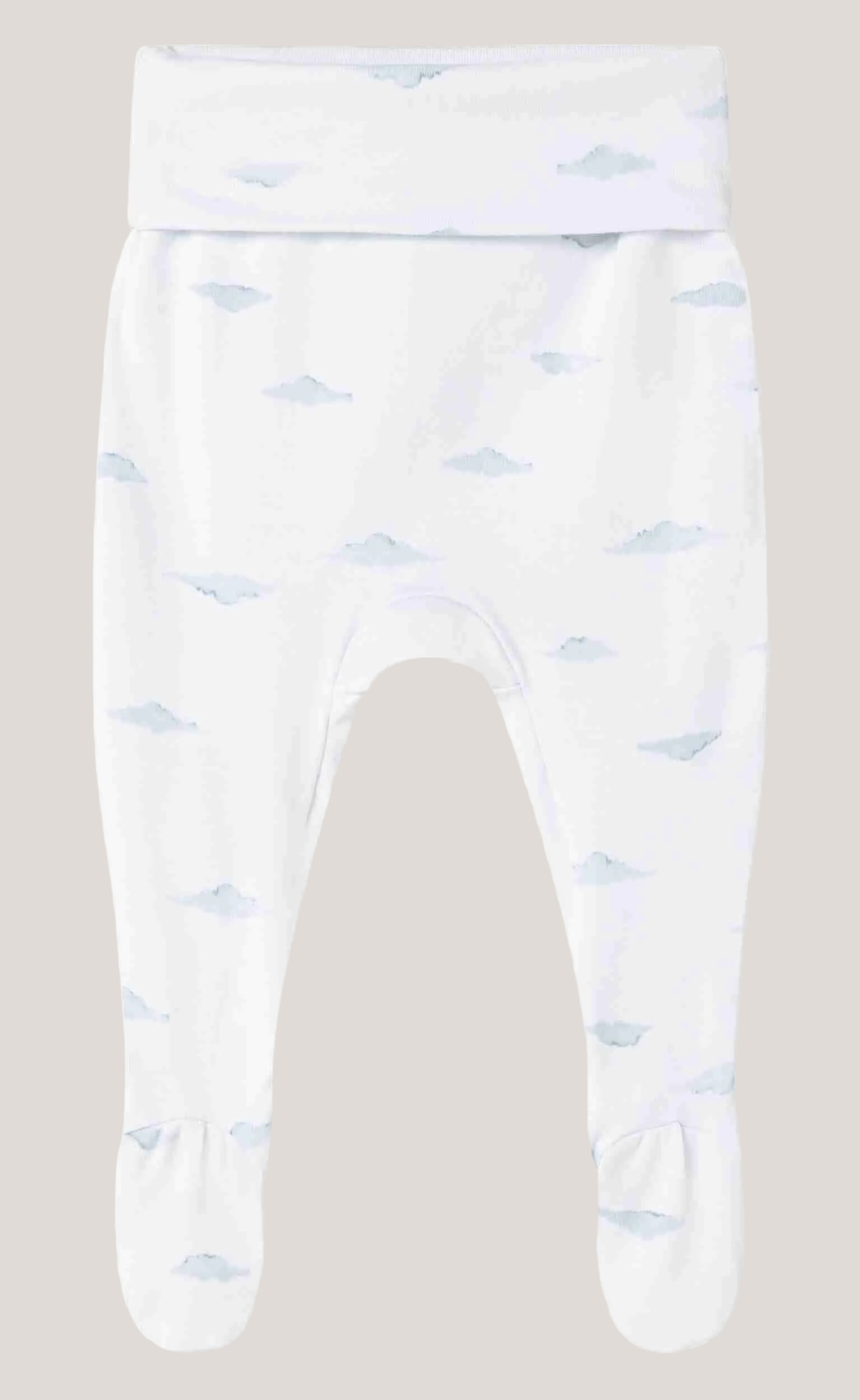 Baby leggings with blue cloud pattern on a white background