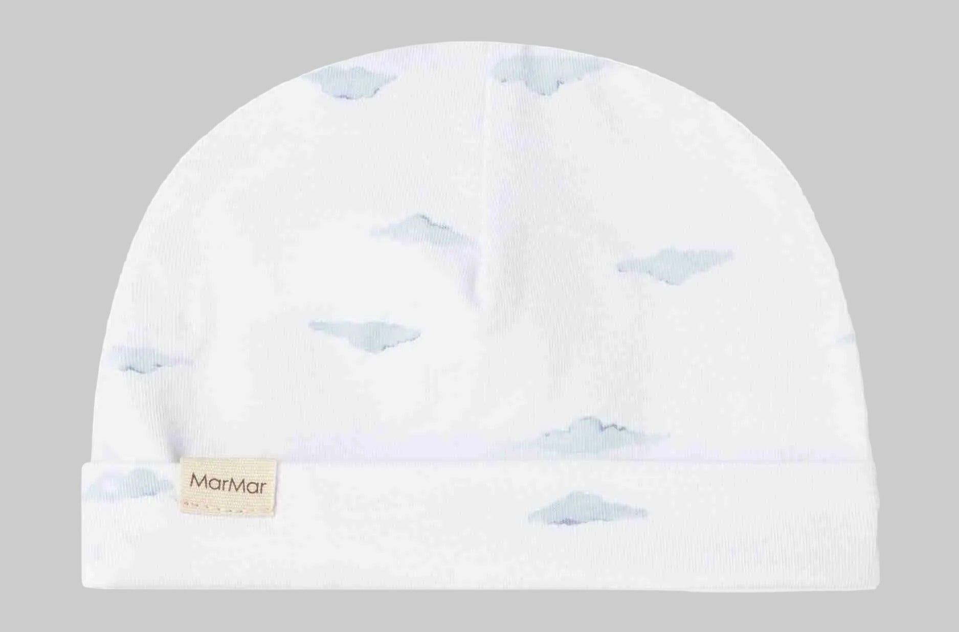 White baby hat with colored clouds