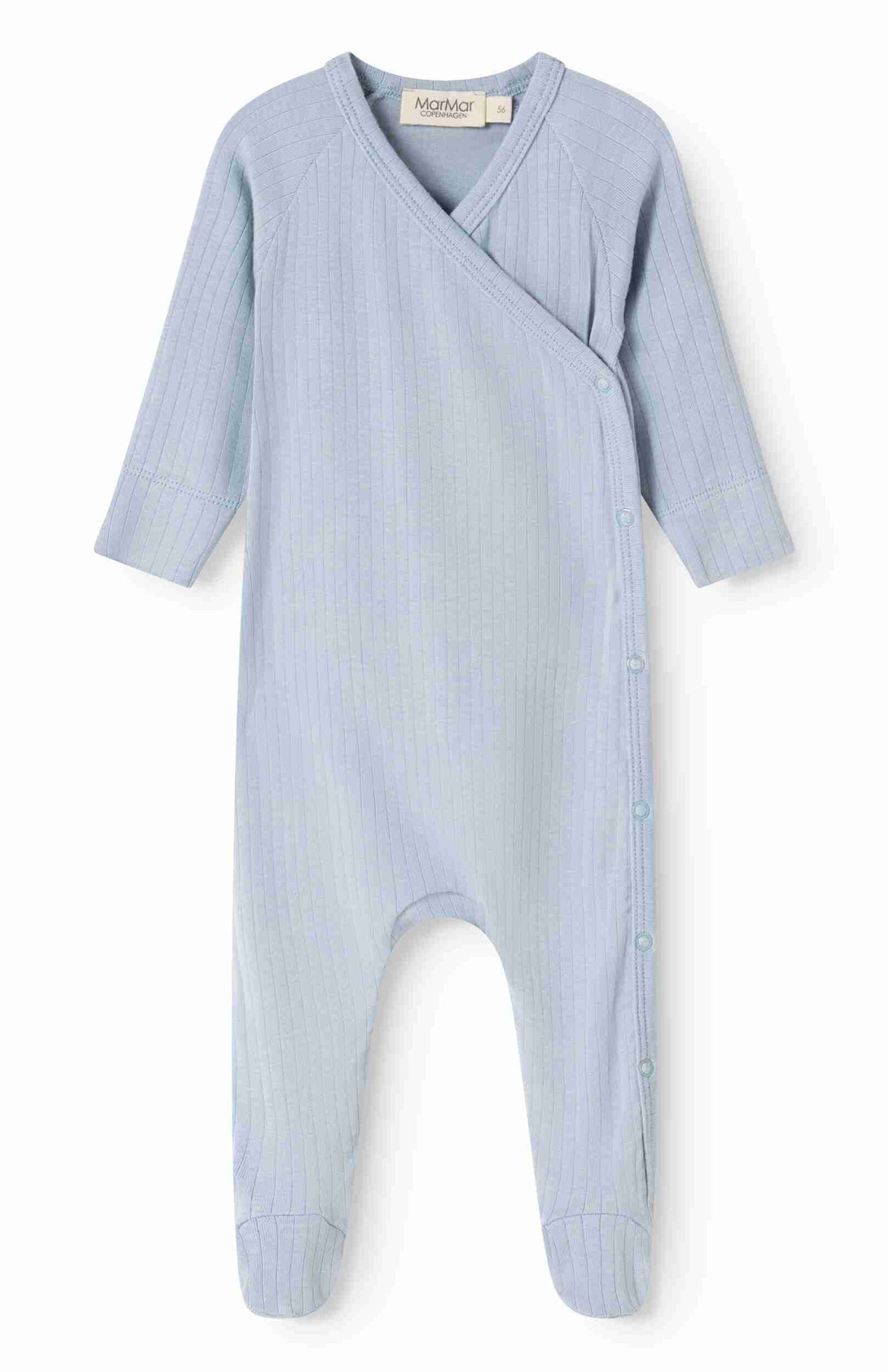 Blue modal long sleeve ribbed wrap onesie with snaps on white background