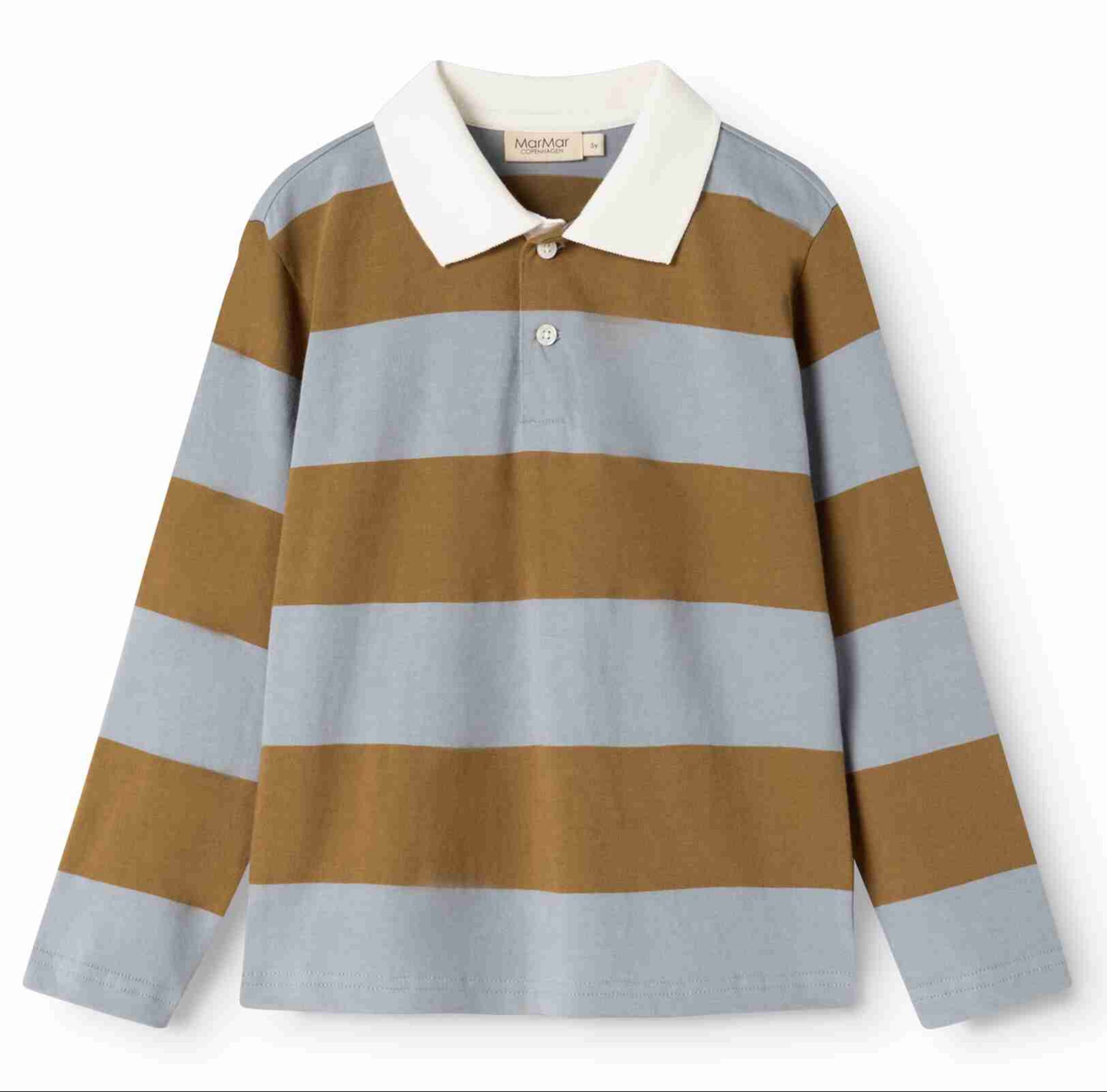 A long-sleeve polo shirt with horizontal stripes in brown and light blue-gray, featuring a contrasting cream collar and a two-button placket. The brand name 'nagasaki' is visible on the inner neck label.