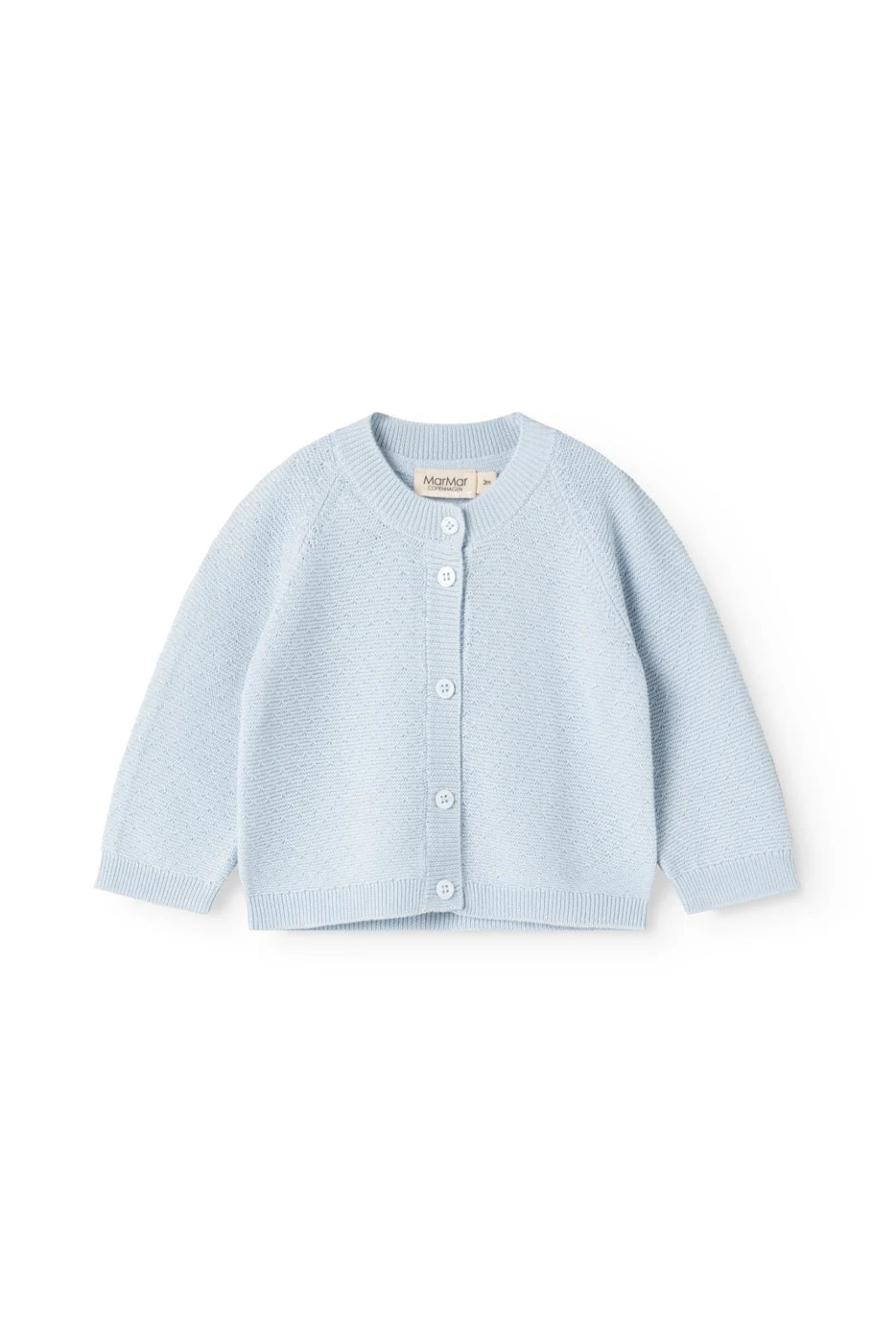 A light blue knit cardigan sweater for toddlers, featuring a button-up front with white buttons, laid flat against a solid white background.