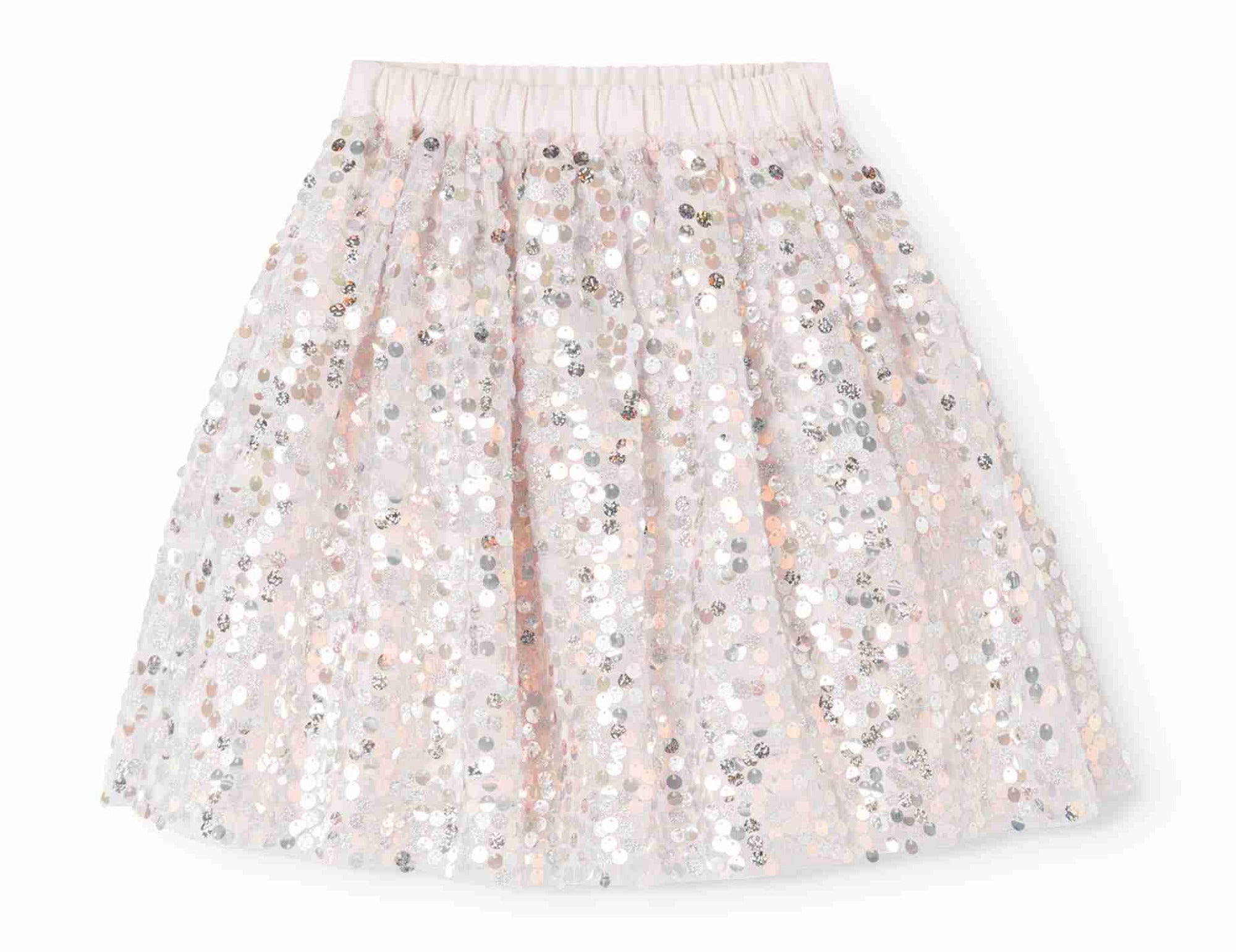 A girls' tulle tutu skirt covered in iridescent sequins, featuring a light pink elastic waistband, shown against a plain white background.