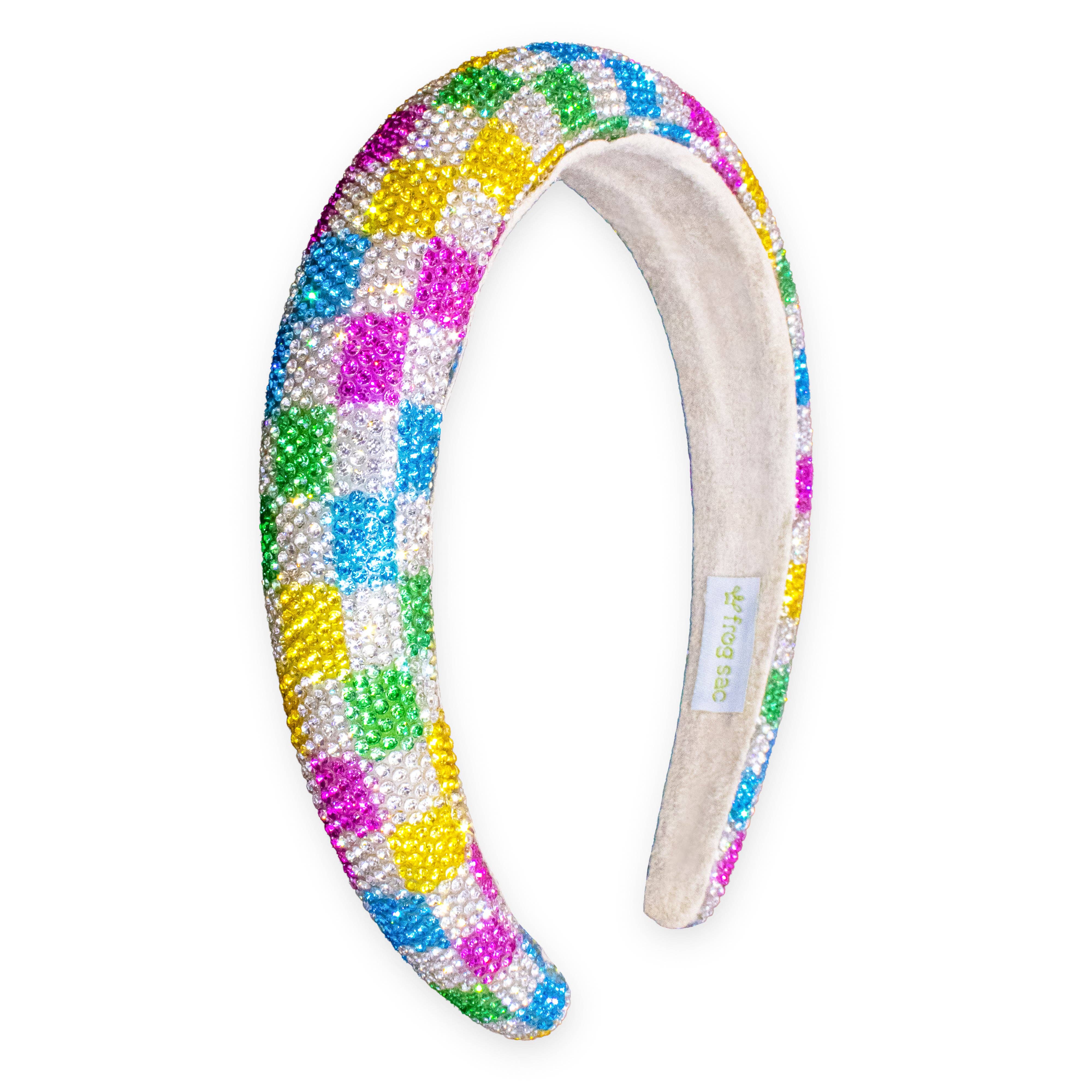 Rhinestone Headband - Padded Rainbow Checkerboard Hair Band