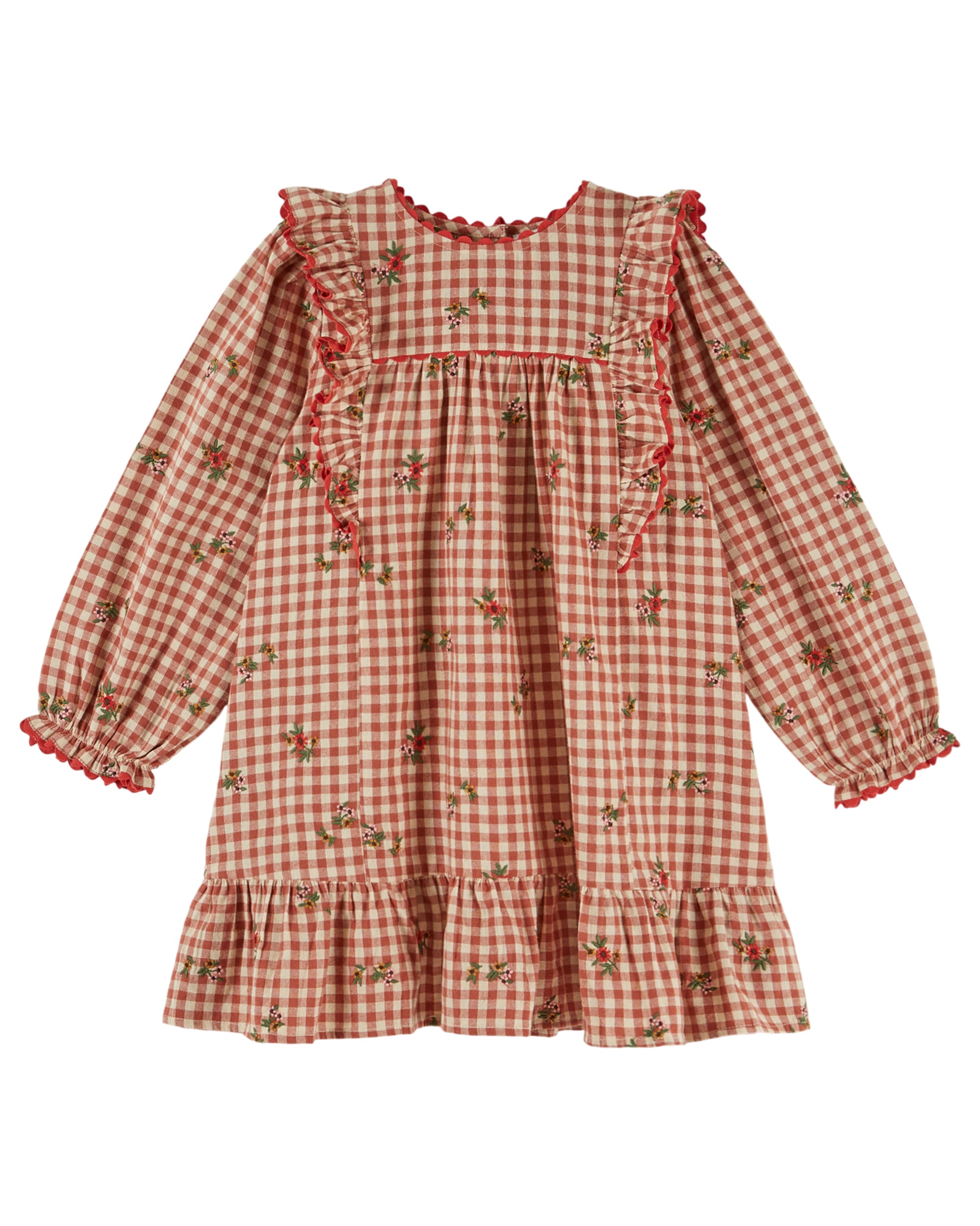 Embroidered Flounce Gingham Dress