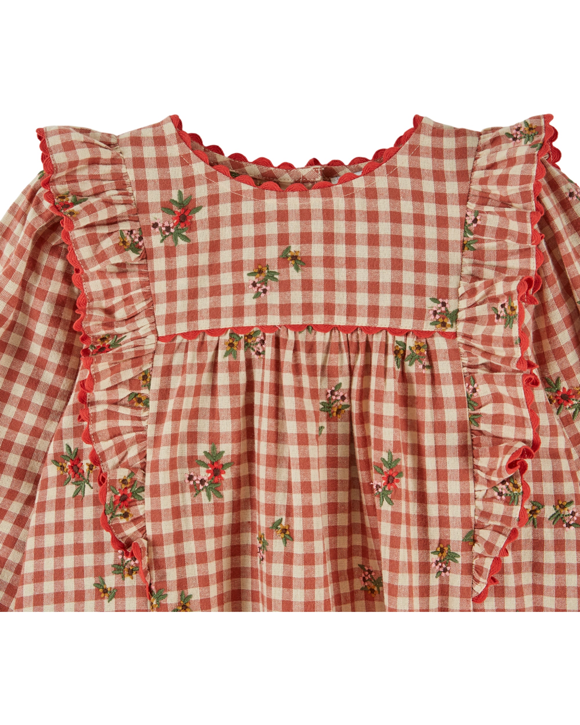 Embroidered Flounce Gingham Dress
