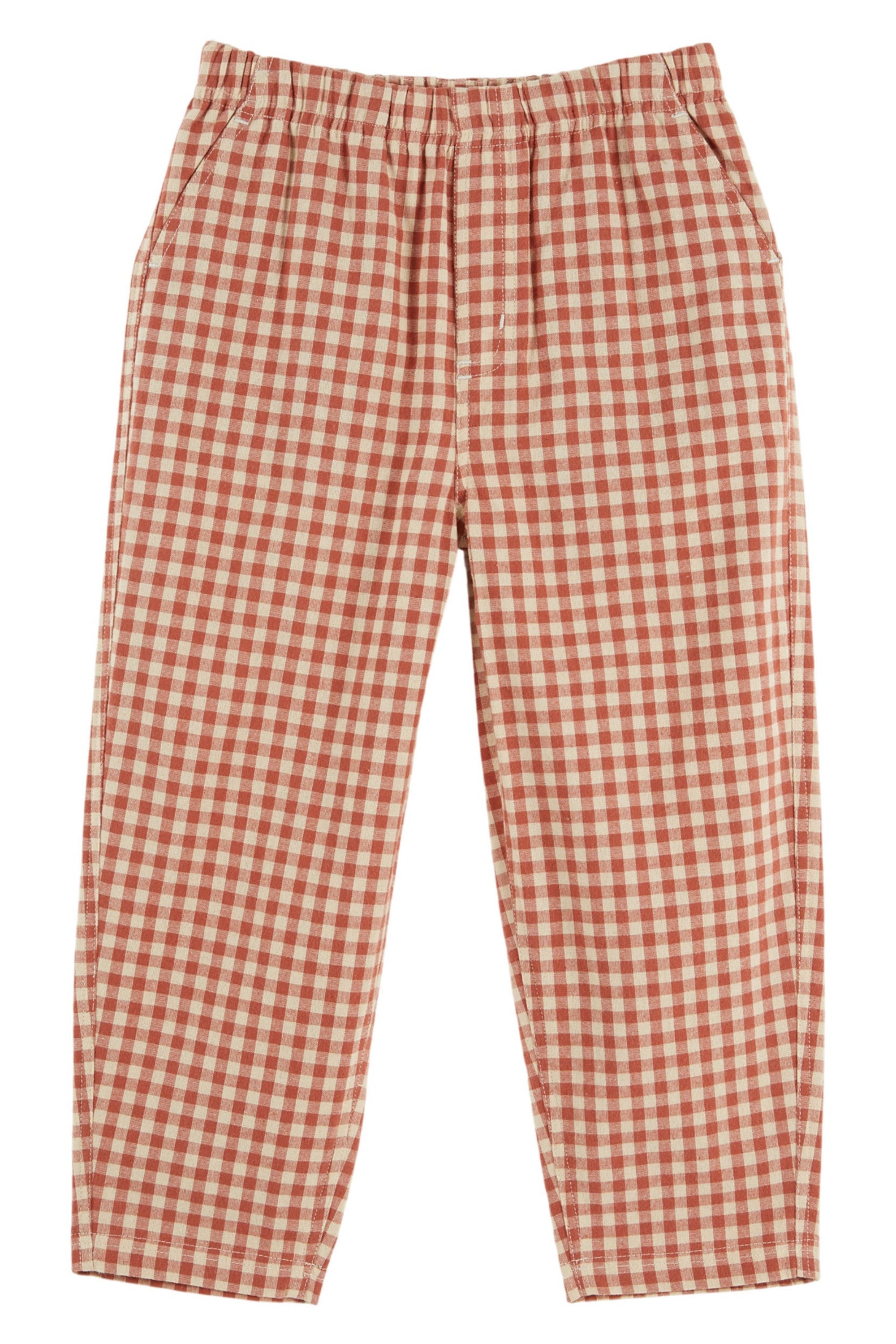 A pair of wide-leg trousers featuring a red and white gingham checkered pattern, displayed flat against a solid white background.