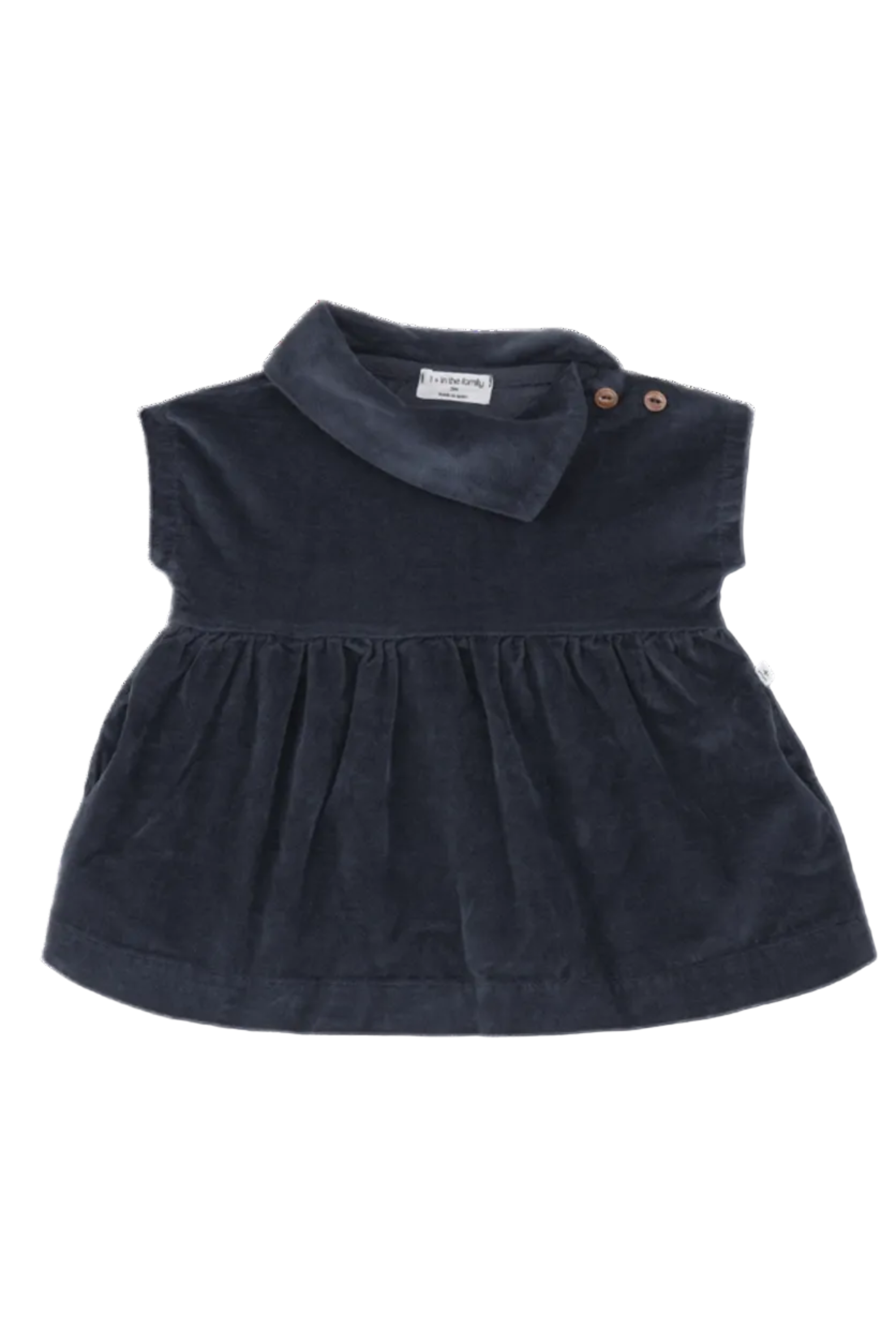 Navy blue sleeveless dress with a collar on a white background