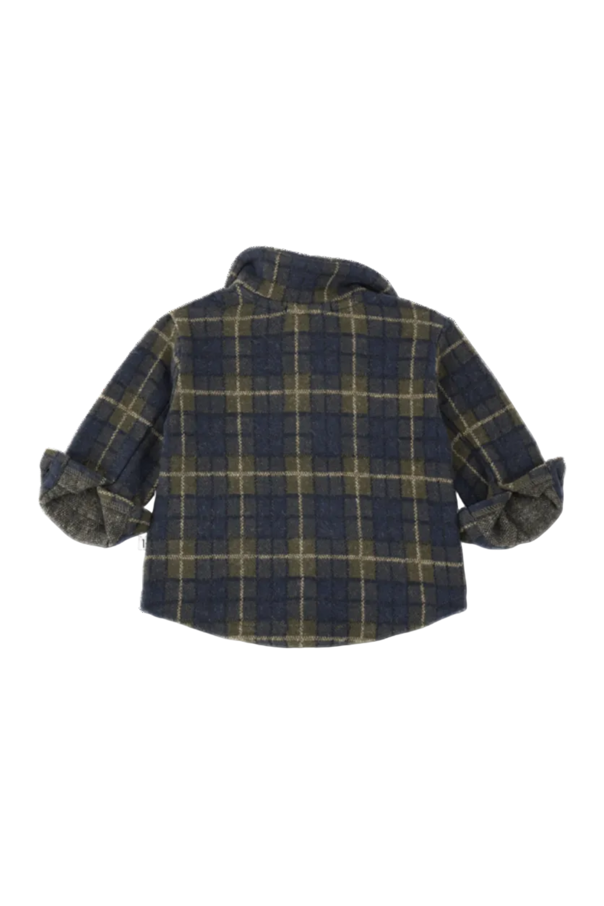 A plaid long-sleeve shirt shown from the back, featuring a dark navy blue base with intersecting olive green and tan grid lines. The sleeves are rolled up, and the shirt is photographed on a clean white background with a soft drop shadow.