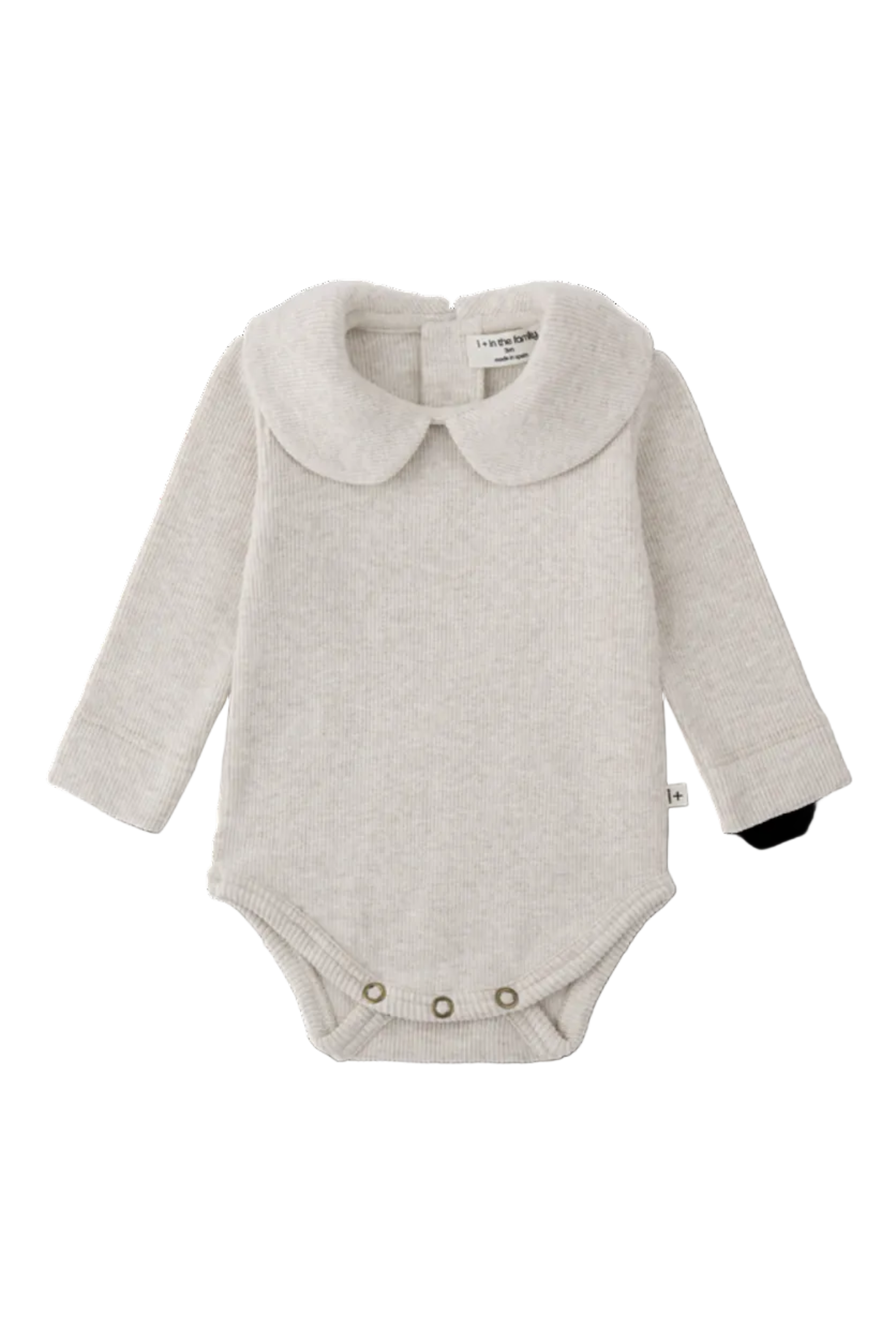 Gray baby bodysuit with a collar on a white background