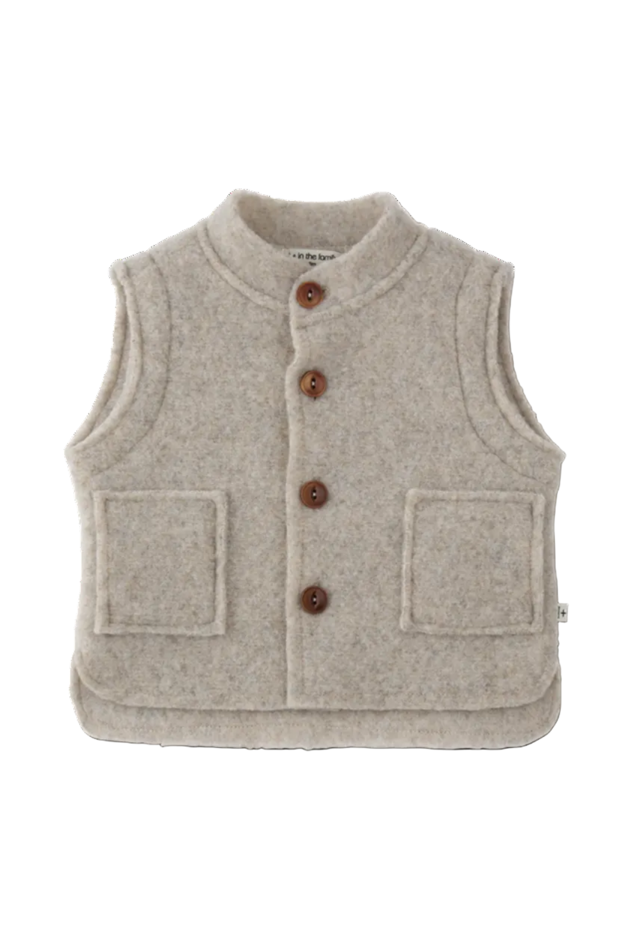 A sleeveless beige wool vest with a mandarin collar, brown buttons, and two front patch pockets, shown on a white background.