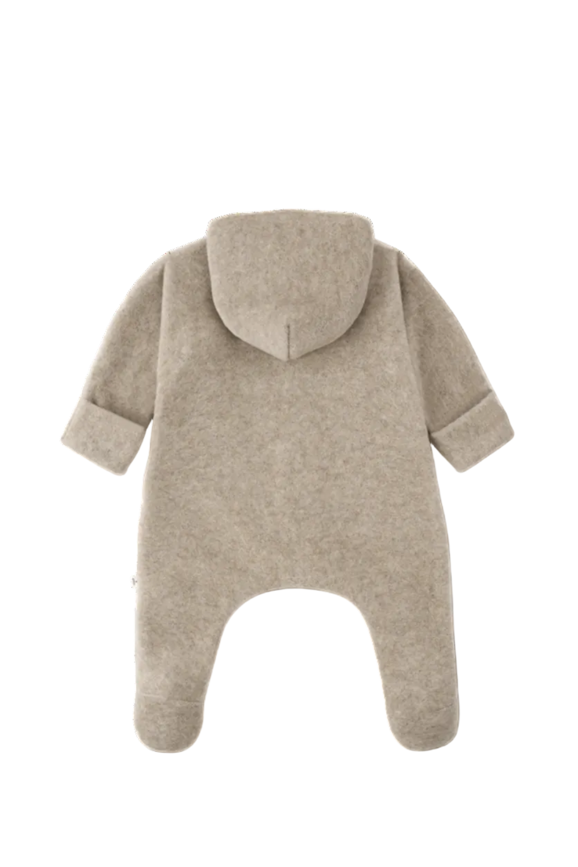 Beige baby snowsuit with a hood on a white background