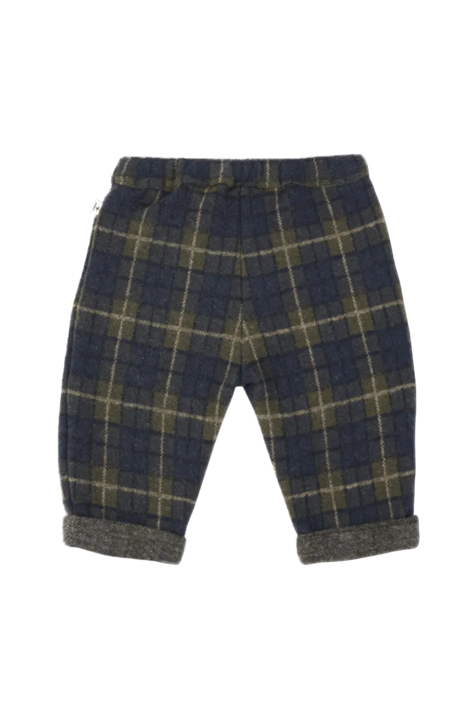 A pair of toddler's plaid trousers in navy blue, olive green, and beige, featuring a cuffed hem and elastic waistband, shown against a plain white background.