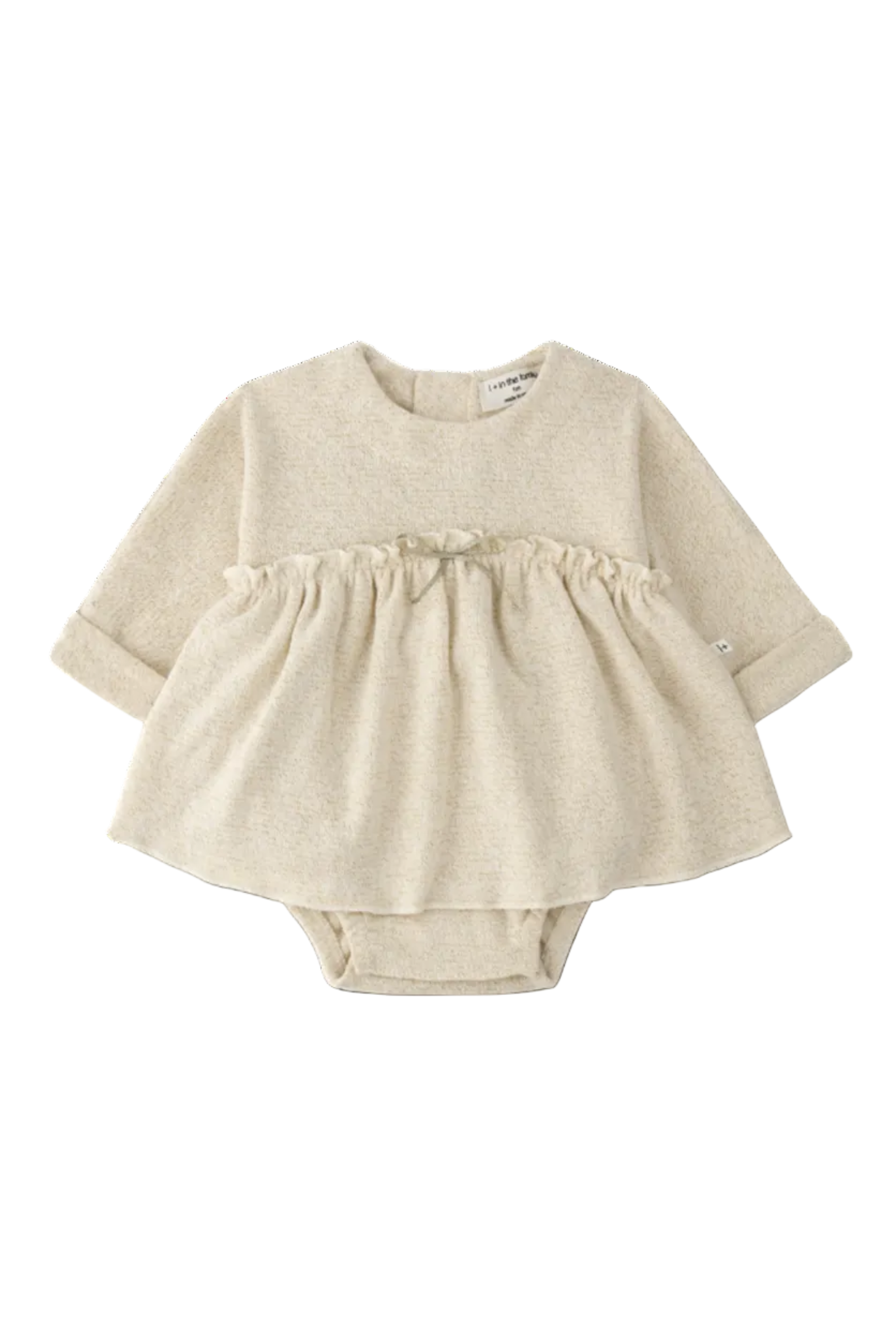 Beige baby dress with bloomers on a white background