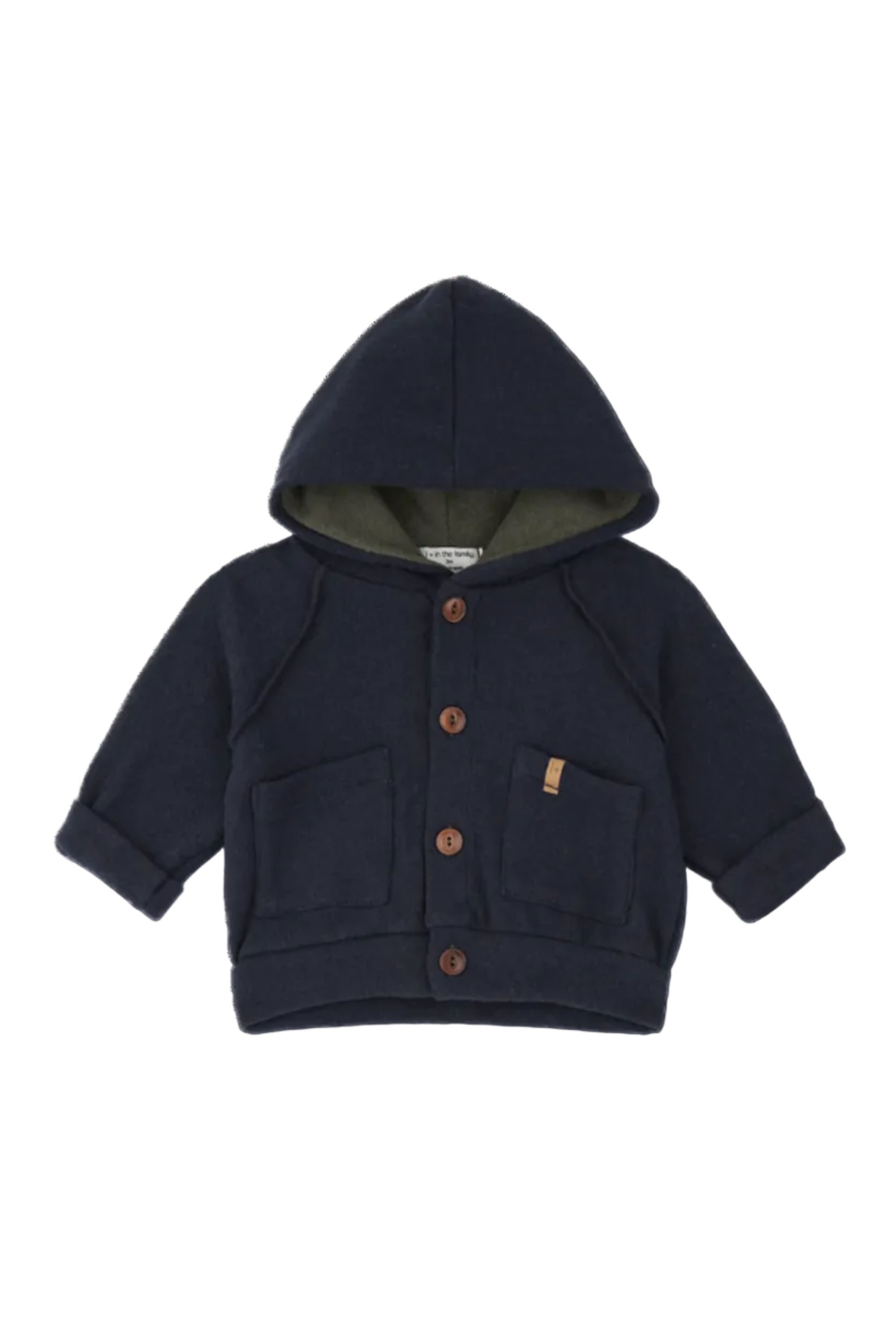 A navy blue hooded jacket for toddlers, featuring a button-up front, two front patch pockets, and a contrasting olive green inner hood lining, shown on a white background.