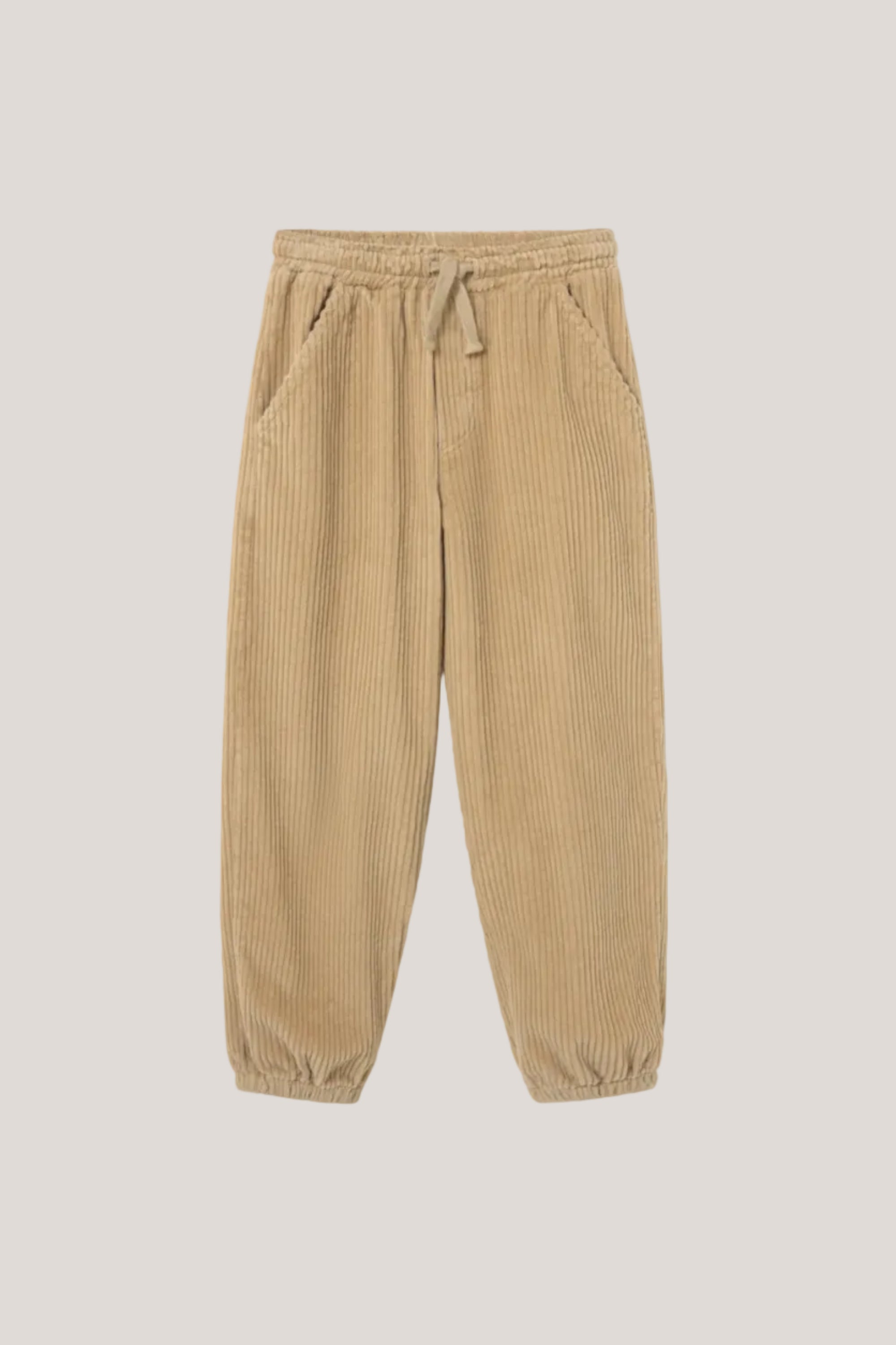 Beige corduroy pants on a white background