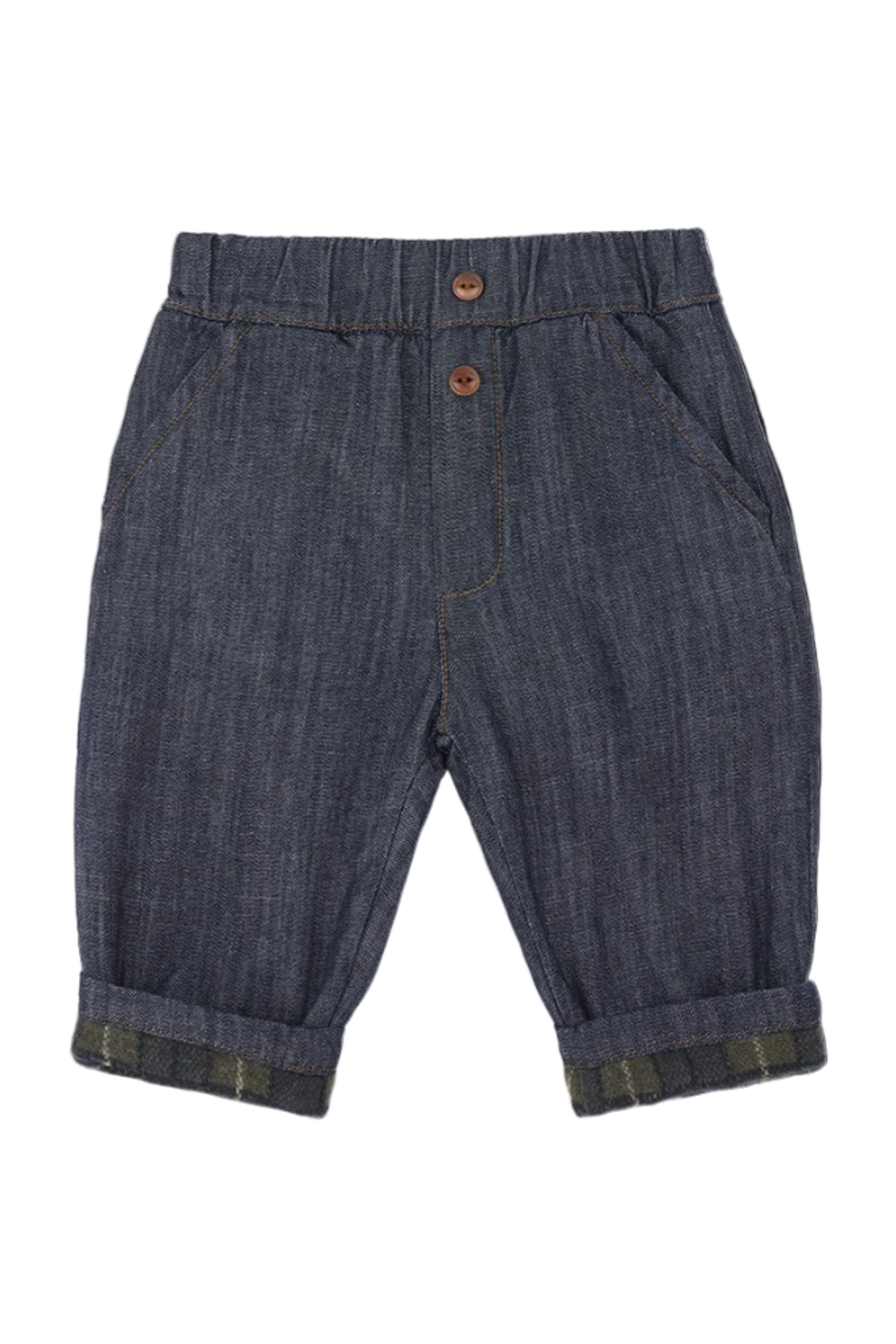 Blue denim pants with rolled-up cuffs on a white background