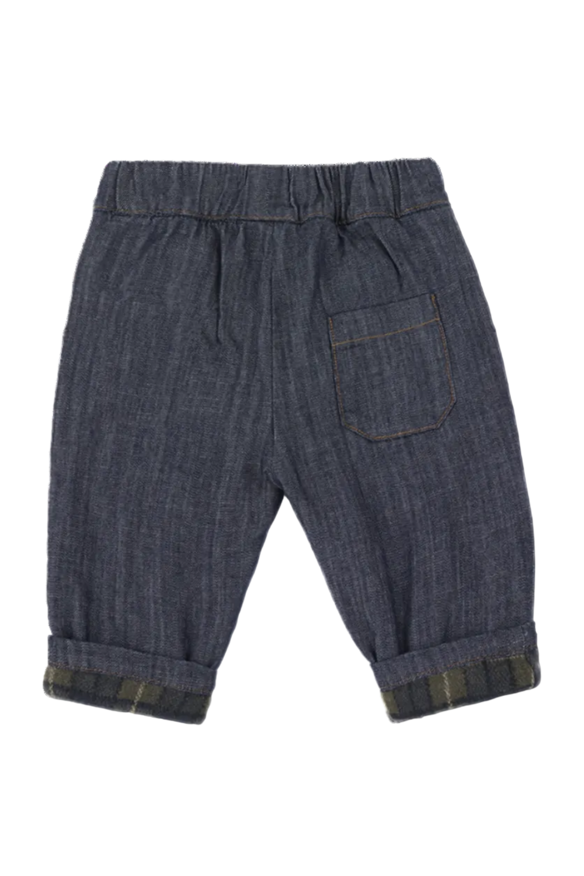 Blue denim pants with a pocket on a white background