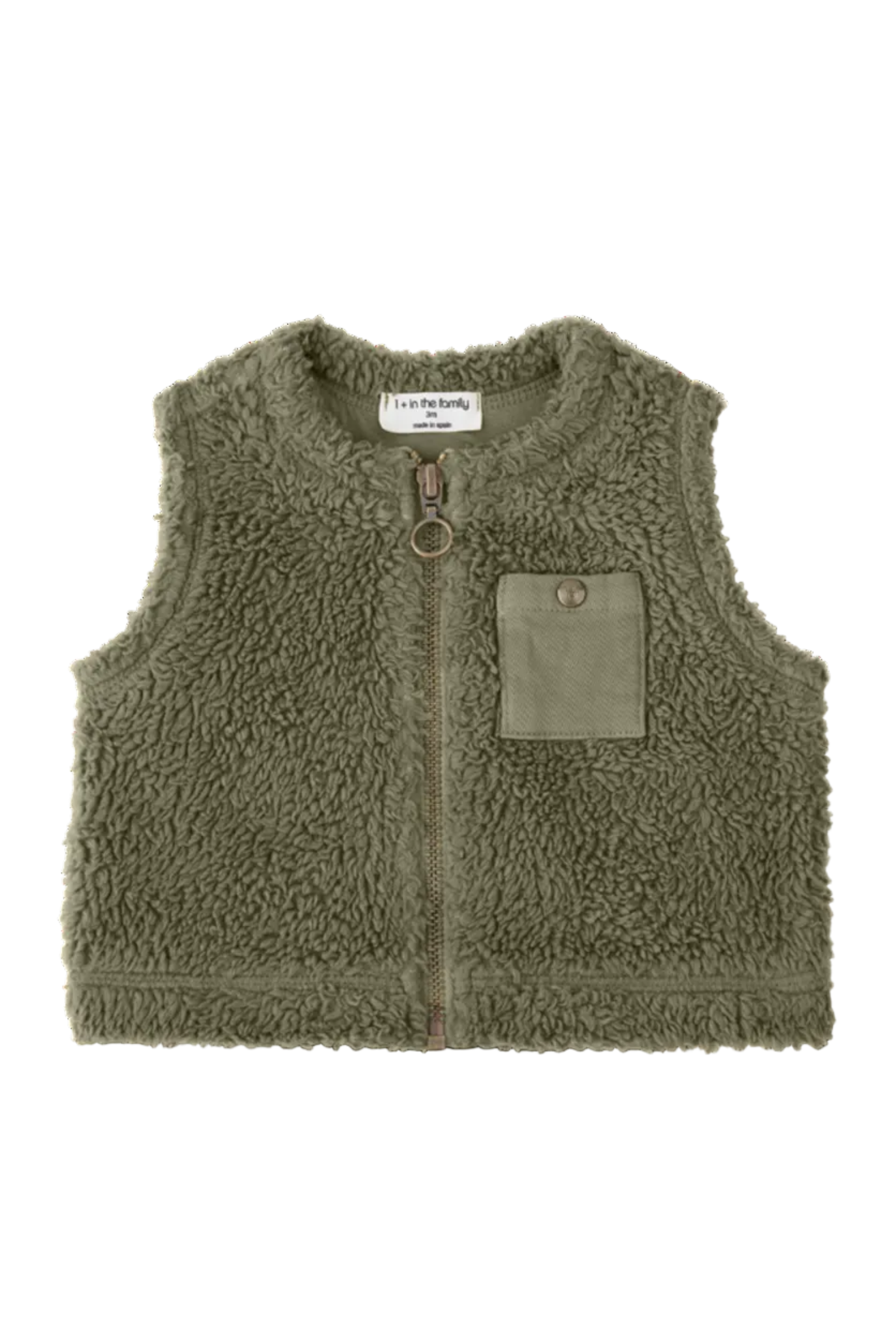 An olive green fleece zip-up vest with a chest pocket, photographed flat on a white background.