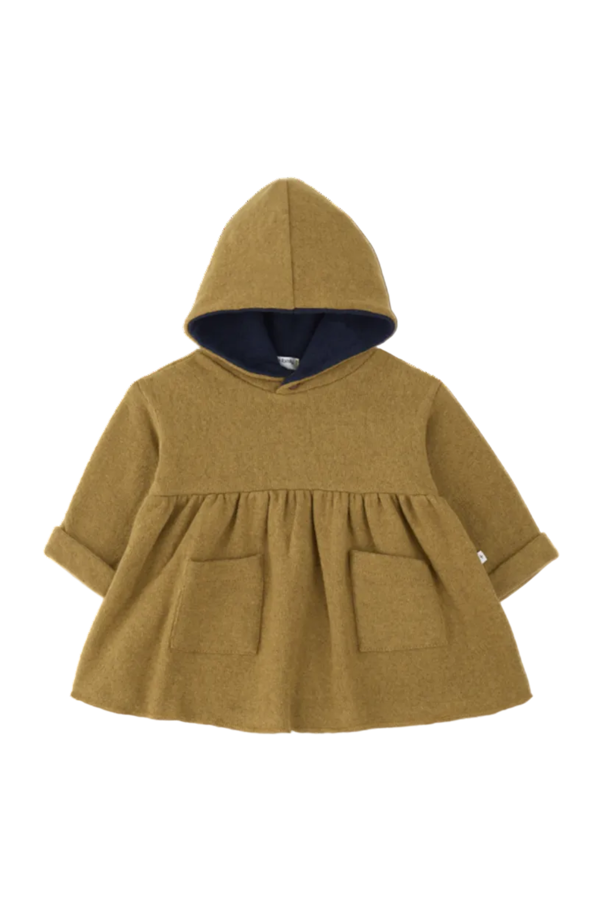 A toddler's hooded pullover coat in a warm camel-brown wool-like fabric, featuring a gathered waist, two front patch pockets, and a dark navy blue hood lining, shown on a white background.