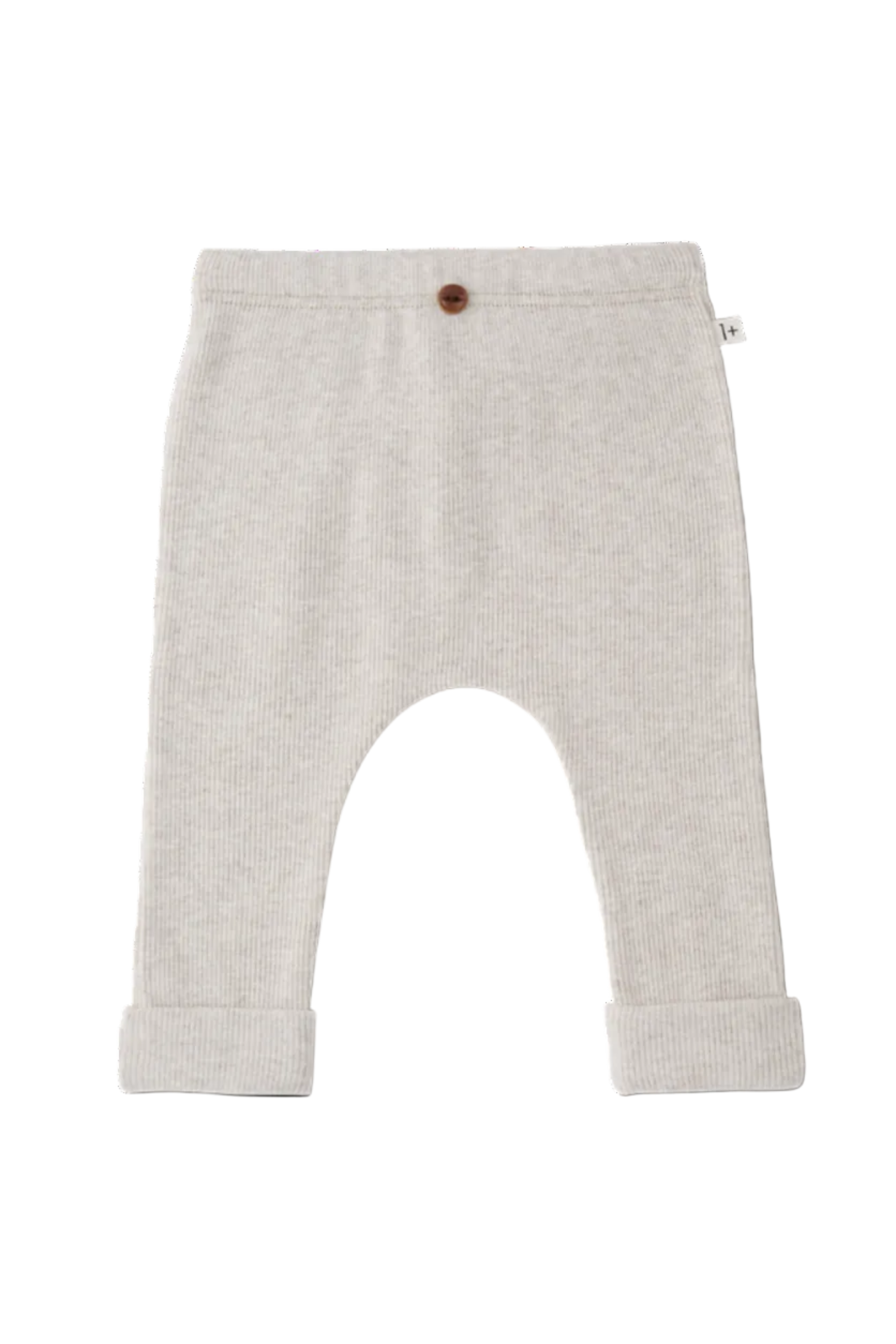 A pair of light beige ribbed knit baby pants with a small brown button closure at the waist and rolled cuffs, shown flat on a white background.