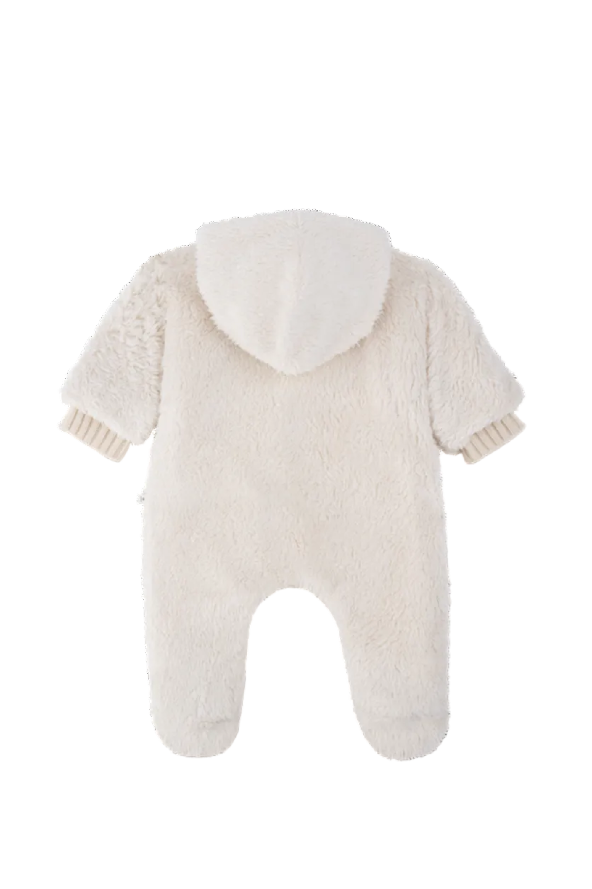 Fluffy baby onesie with a hood on a white background