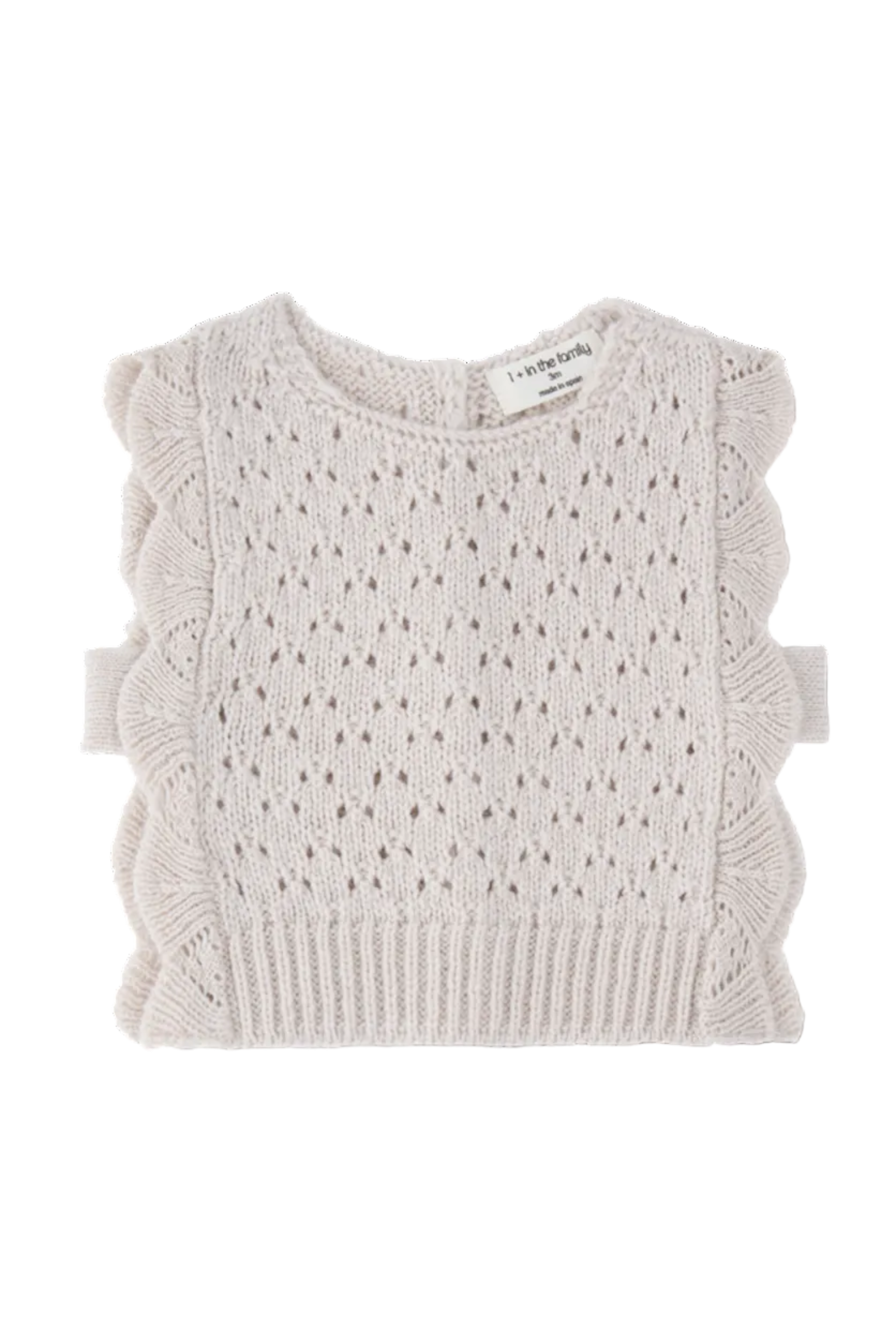 A sleeveless knit top for toddlers, featuring a textured openwork pattern and ruffled trim along the edges, shown flat on a white background. The brand label reads 'I & I Design'.