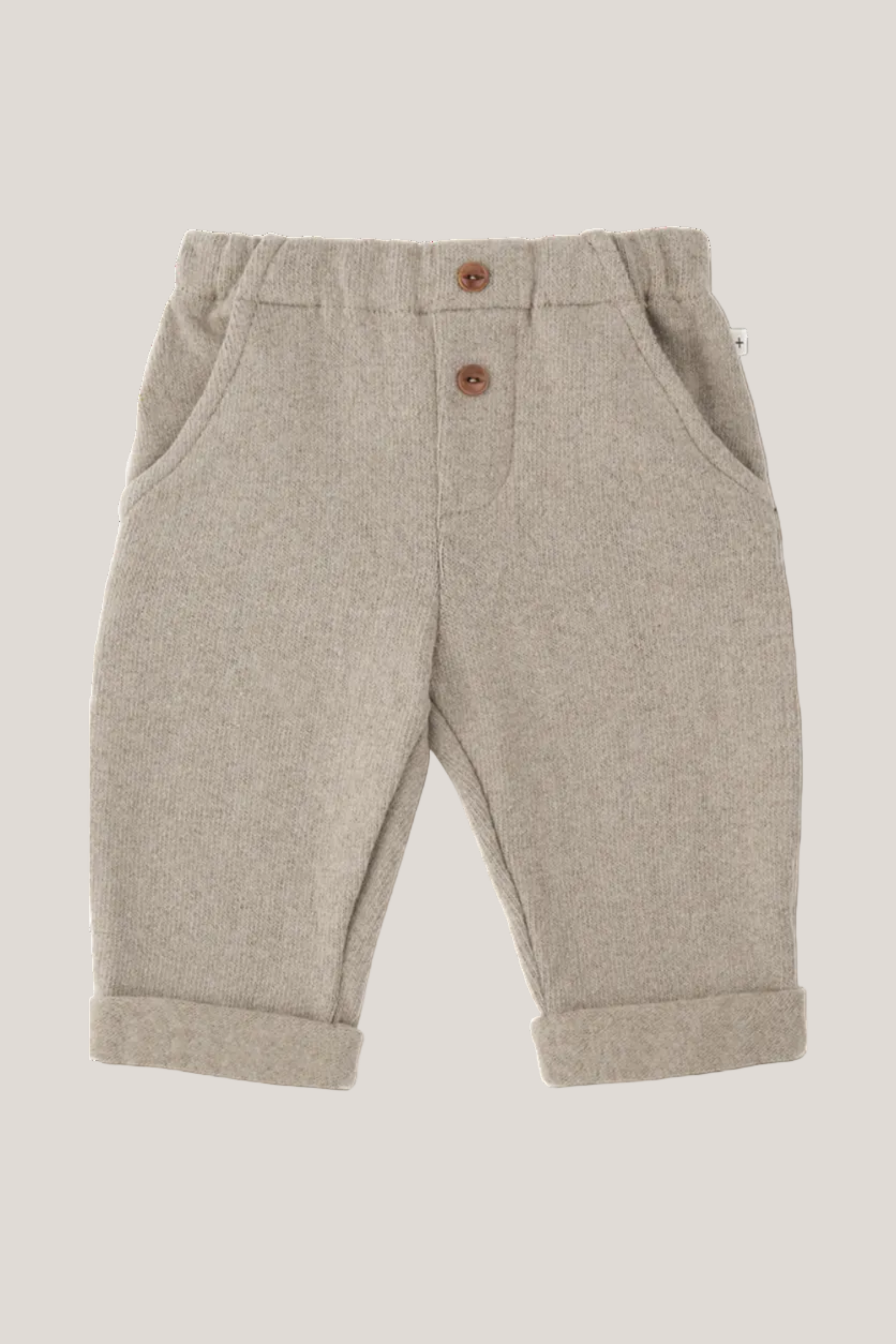 A pair of toddler's beige heathered wool trousers with a buttoned waistband and rolled cuffs, shown flat on a white background.