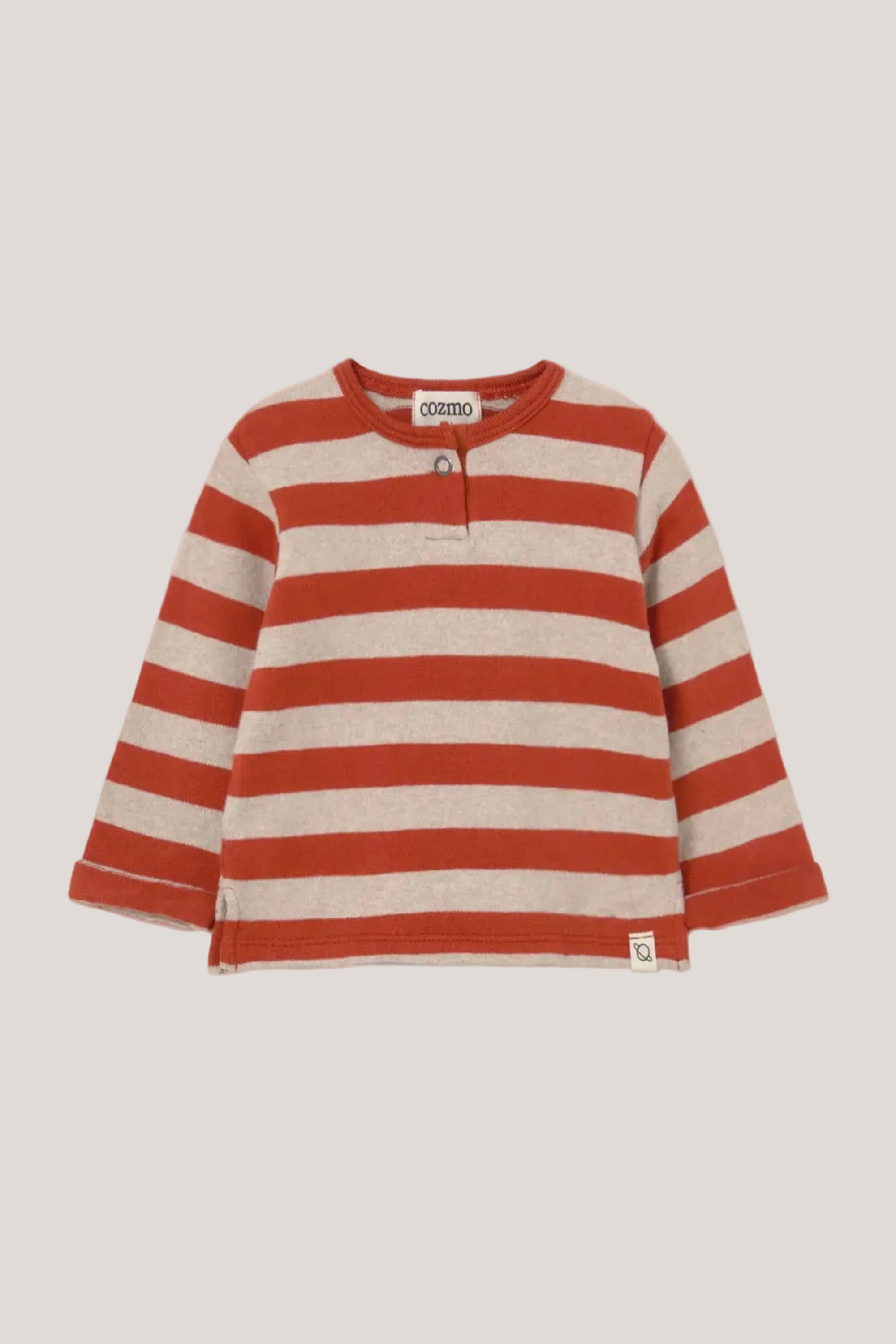 Red and beige striped long-sleeve shirt on a white background