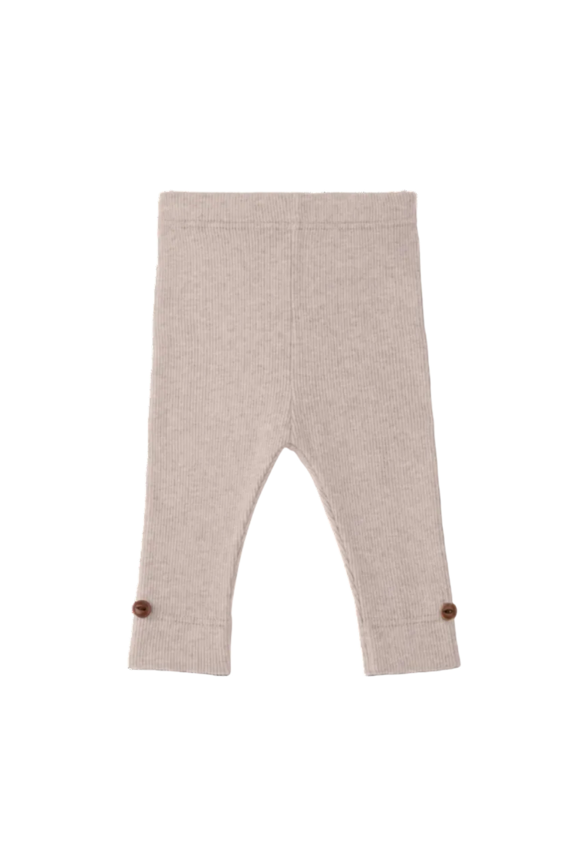 Beige baby leggings with brown buttons on a white background