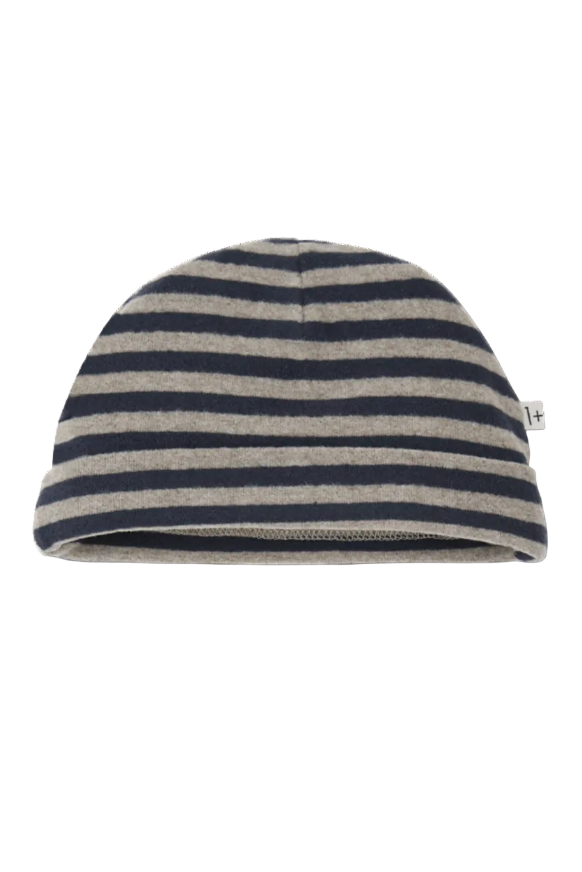 Striped beanie with blue and gray stripes on a white background