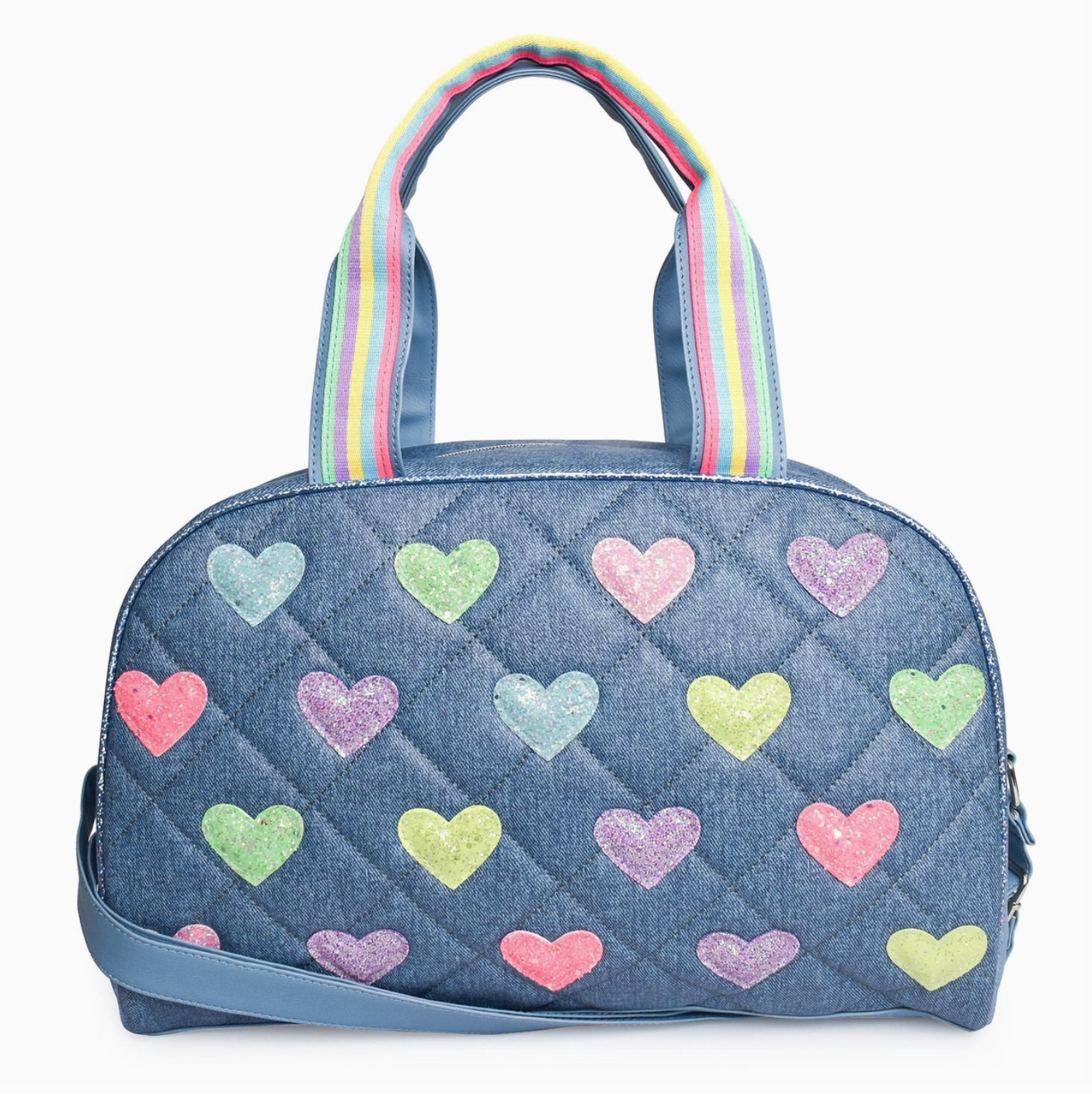 Denim Quilted Heart-Patched Medium Duffle Bag