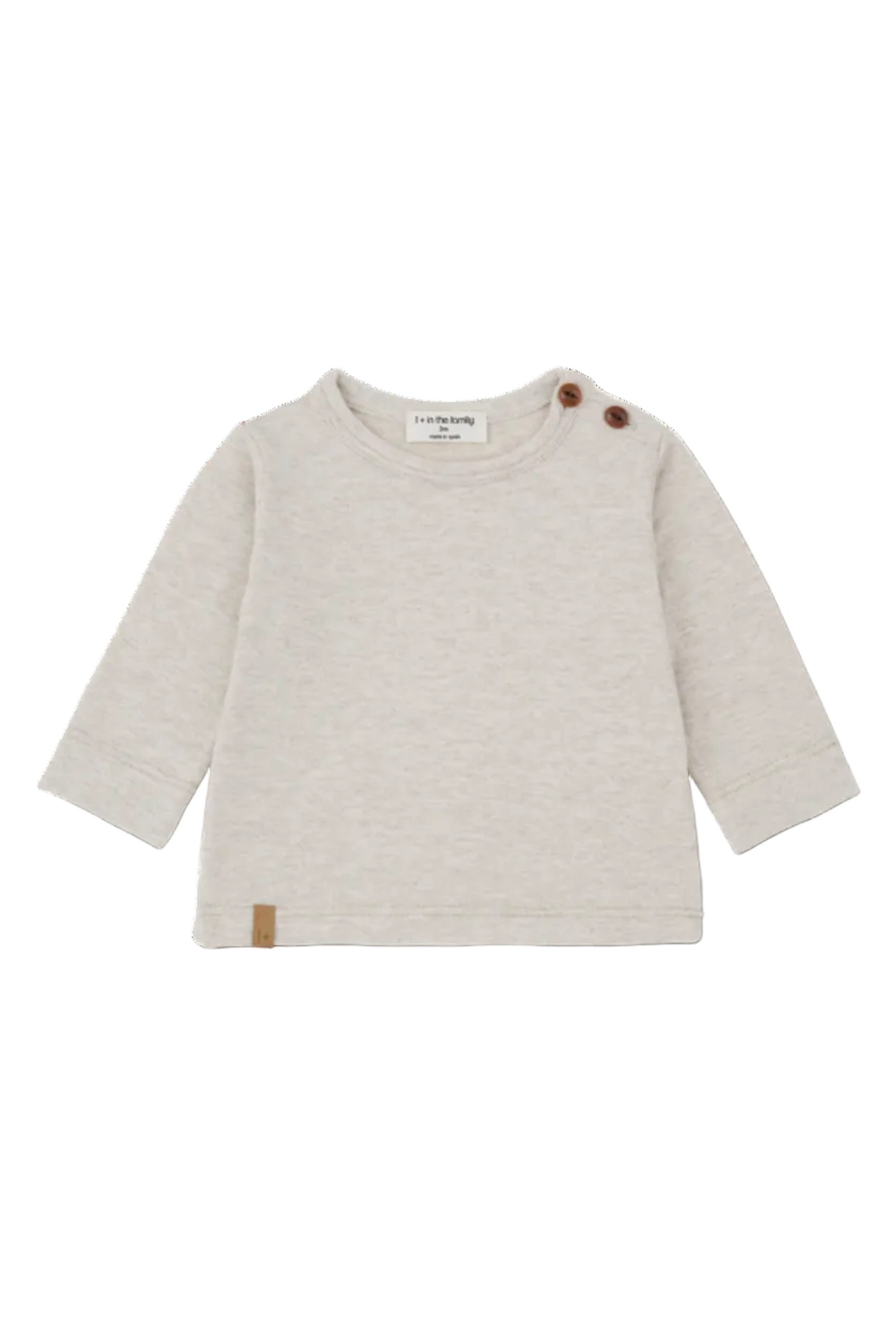 A light heather gray long-sleeve baby top with brown button details on the shoulder and a small brown tag near the hem, shown on a white background.