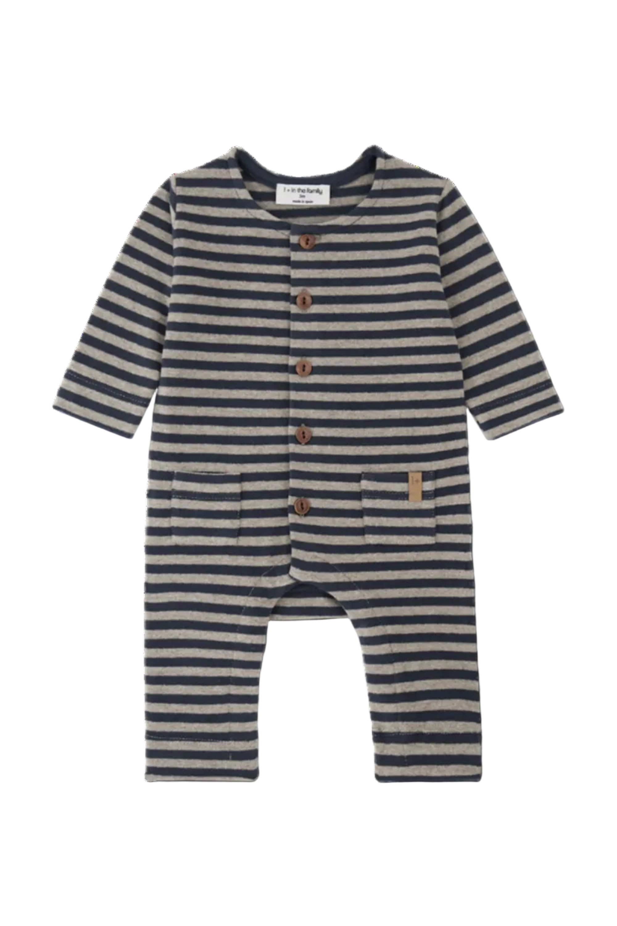 A baby long-sleeve striped romper with a button-up front, featuring horizontal navy and beige stripes, two front pockets, and brown buttons, shown on a white background.