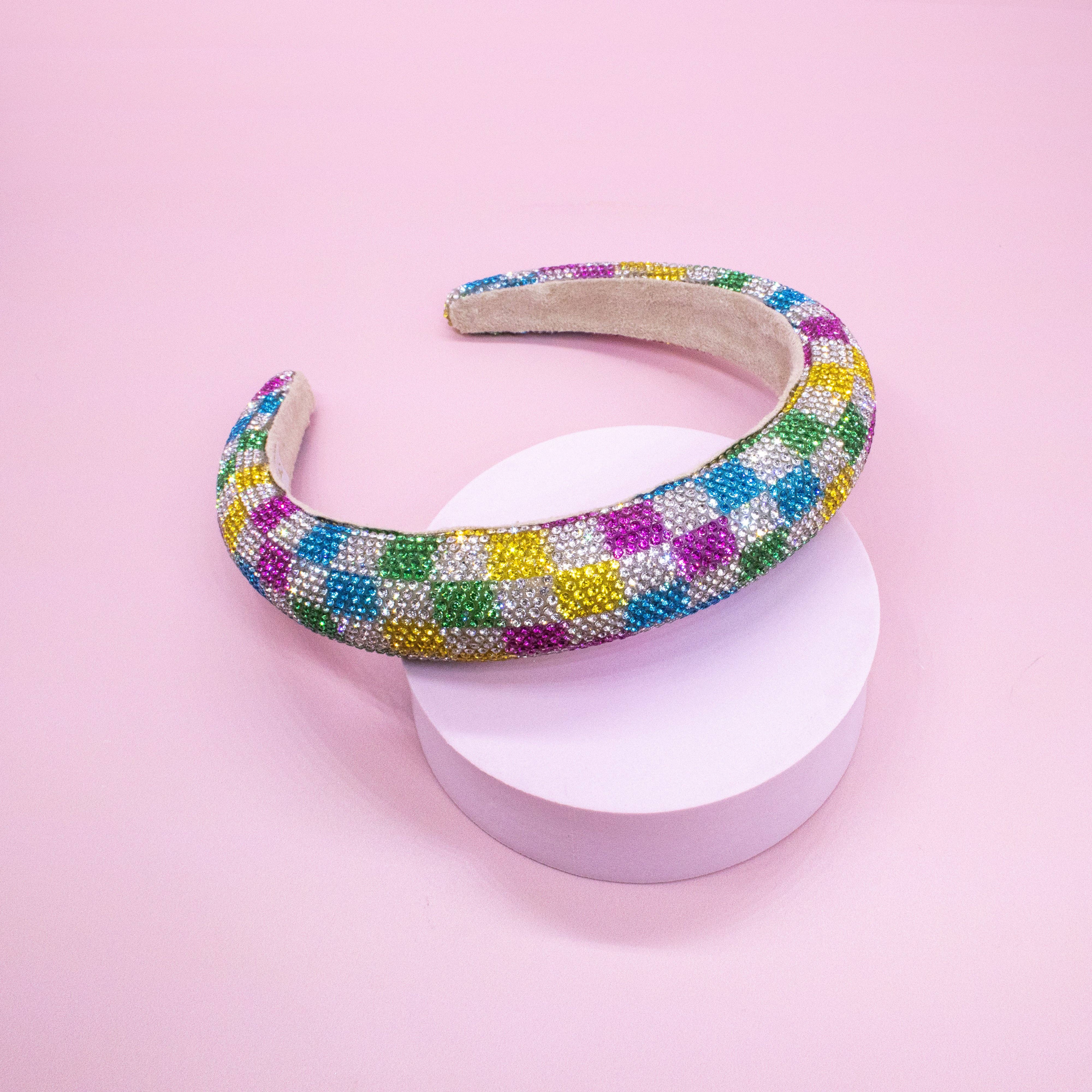 Rhinestone Headband - Padded Rainbow Checkerboard Hair Band