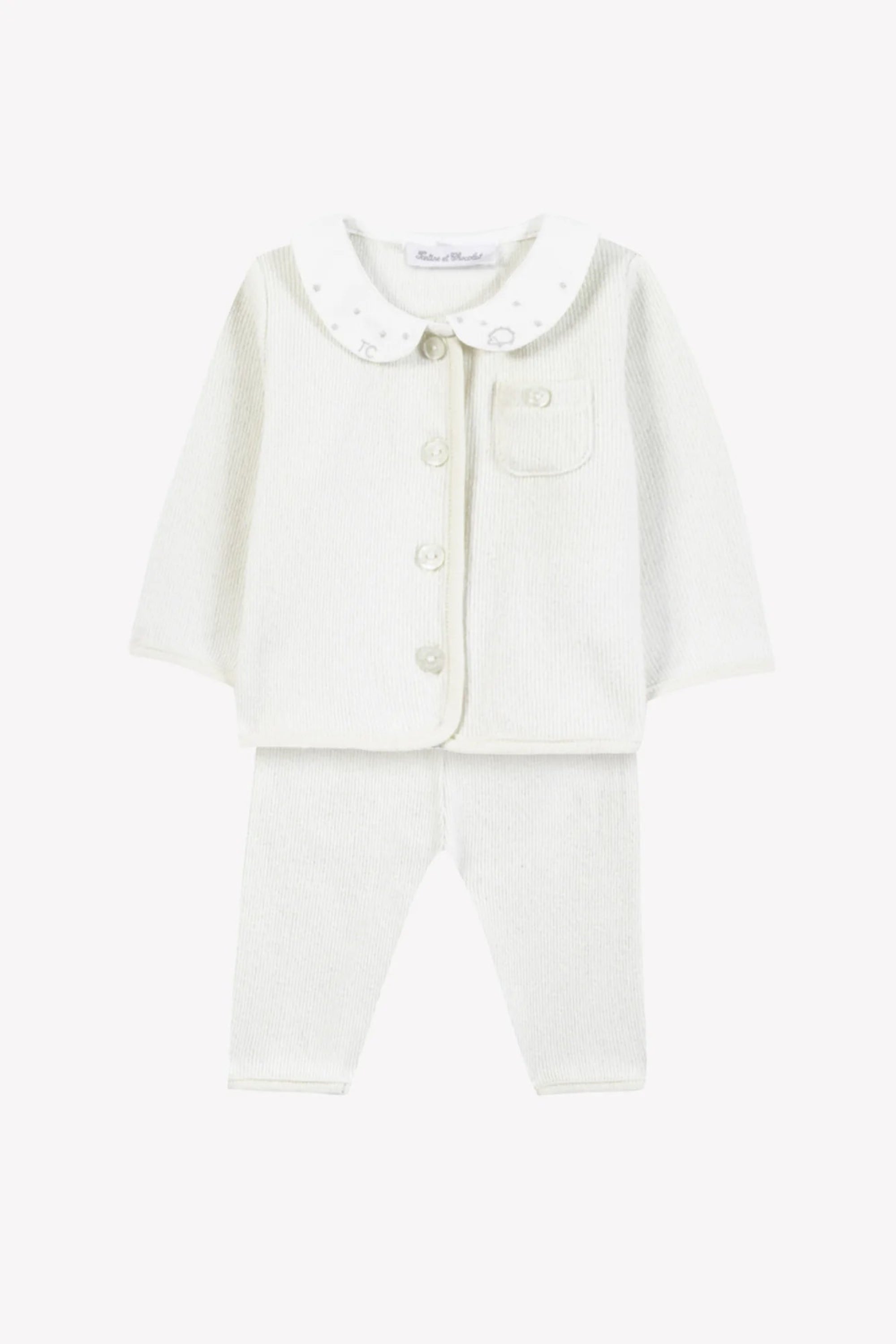 A baby girl's two-piece outfit set consisting of a cream-colored long-sleeve cardigan with a Peter Pan collar and matching pants, shown against a plain white background.