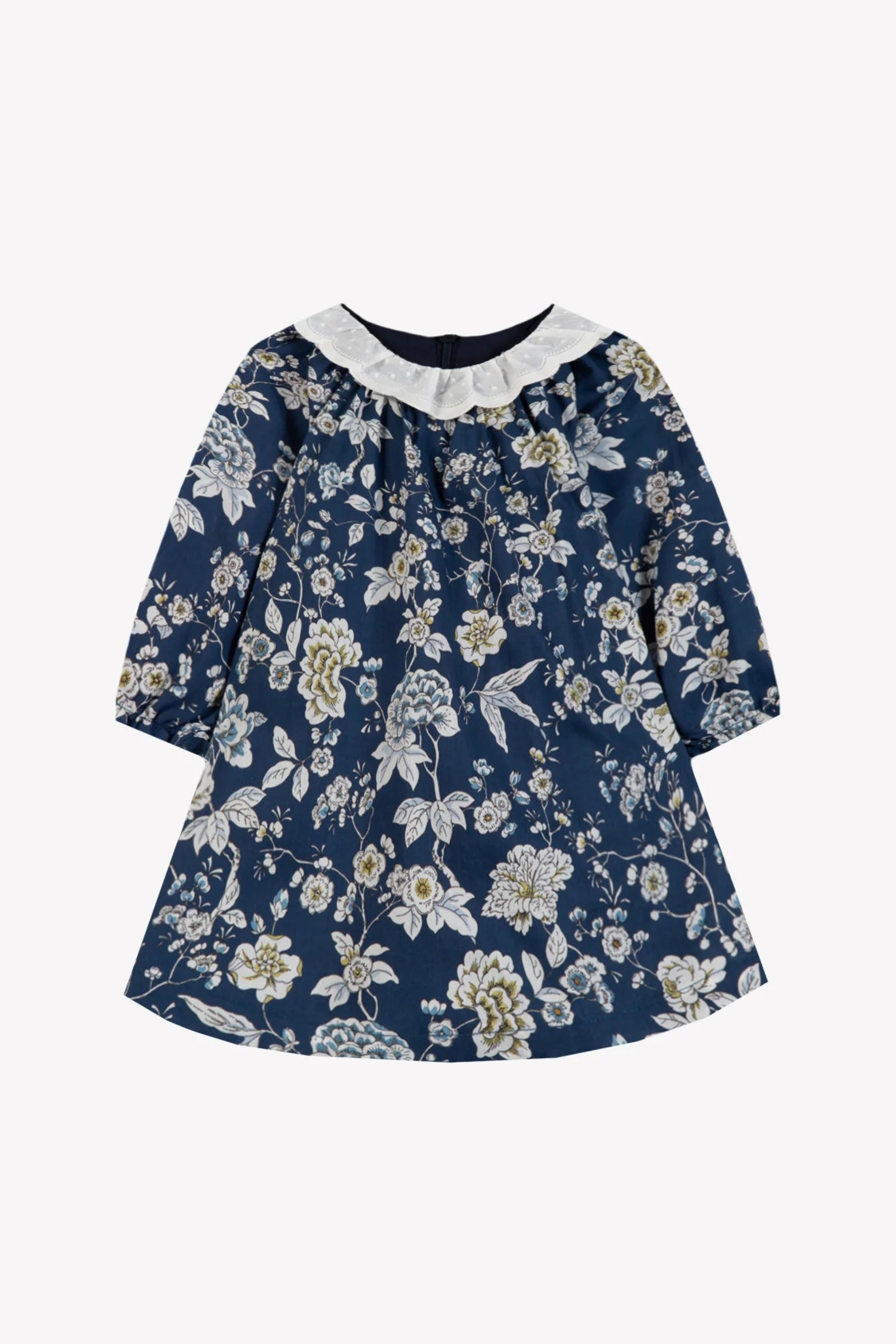 Navy floral dress with white collar on a white background