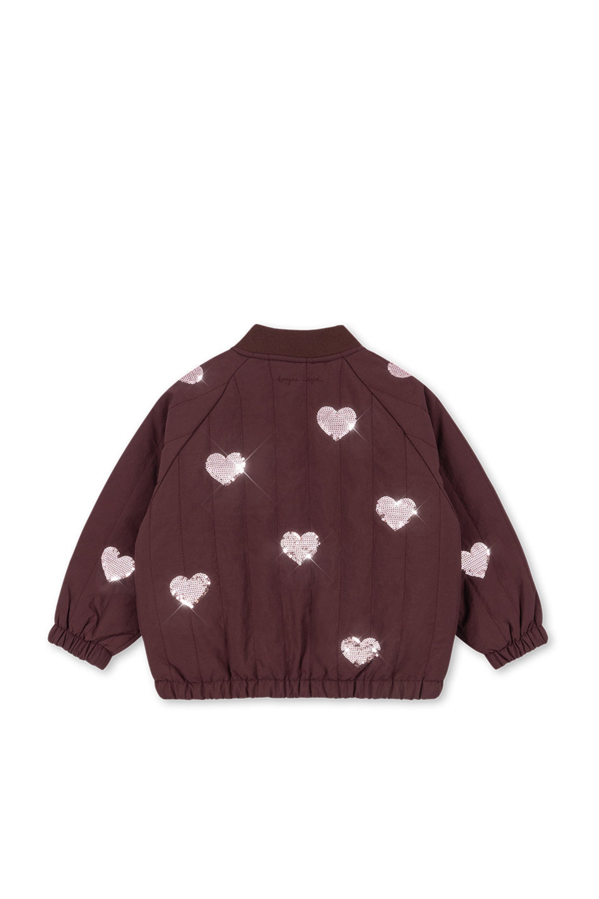 Maroon jacket with heart patterns on a white background
