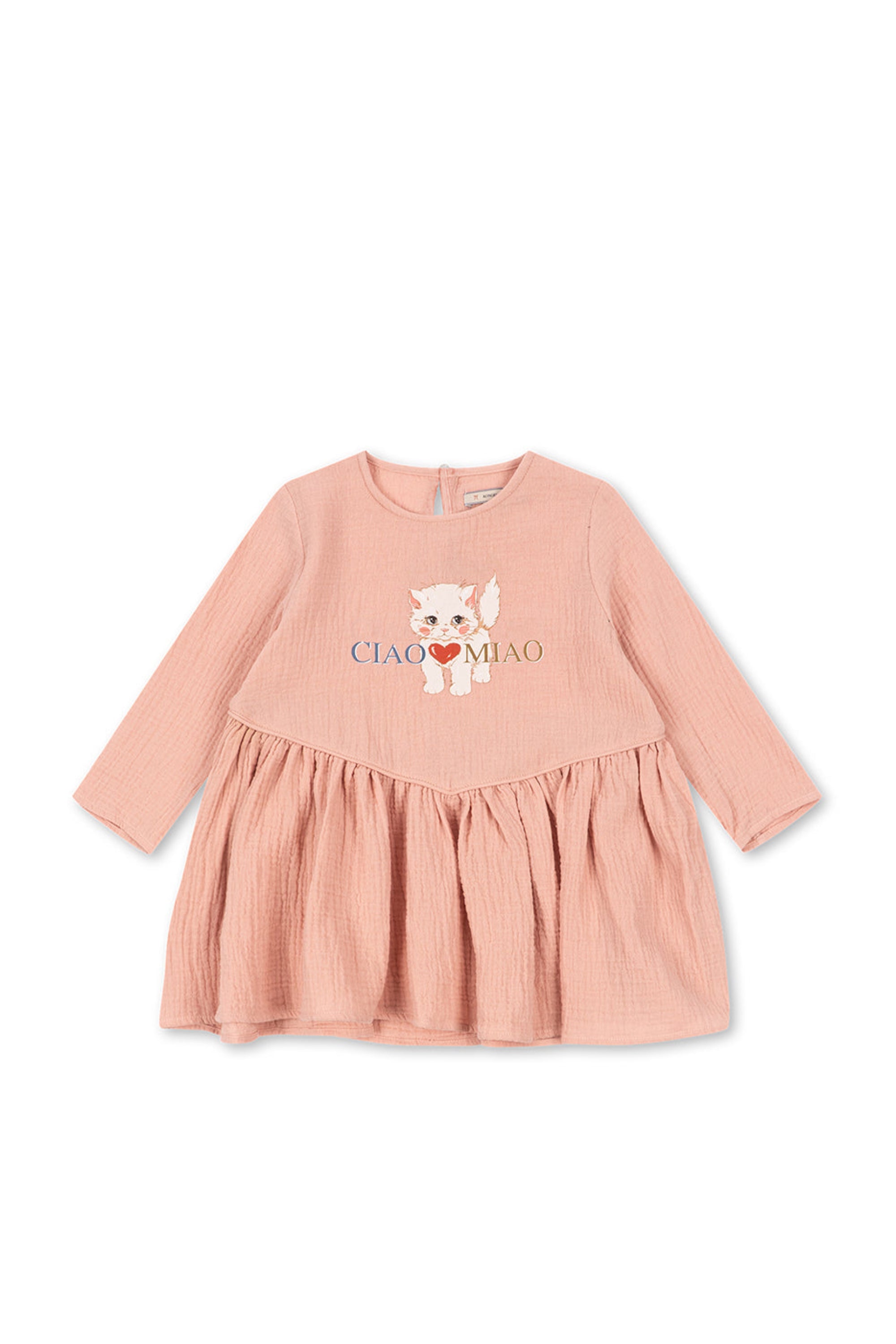 Pink dress with a dog illustration and 'CIAO MIAO' text on a white background