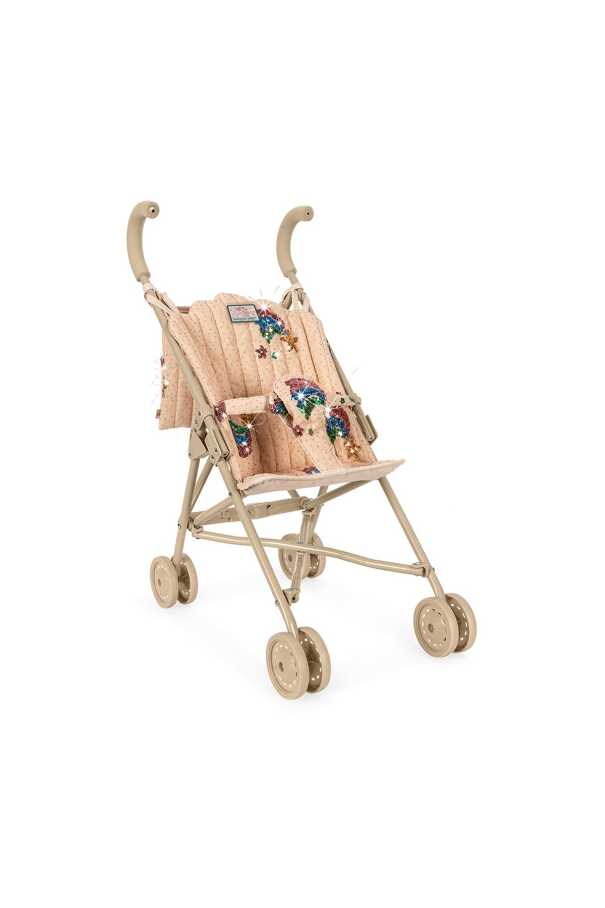 Beige baby stroller with floral canopy on a white background