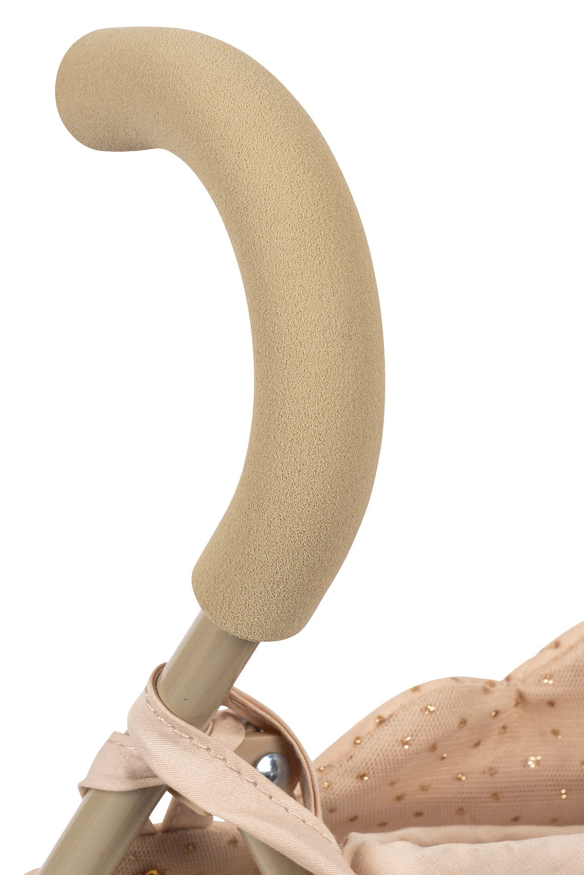 Close-up of a beige stroller handle on a white background